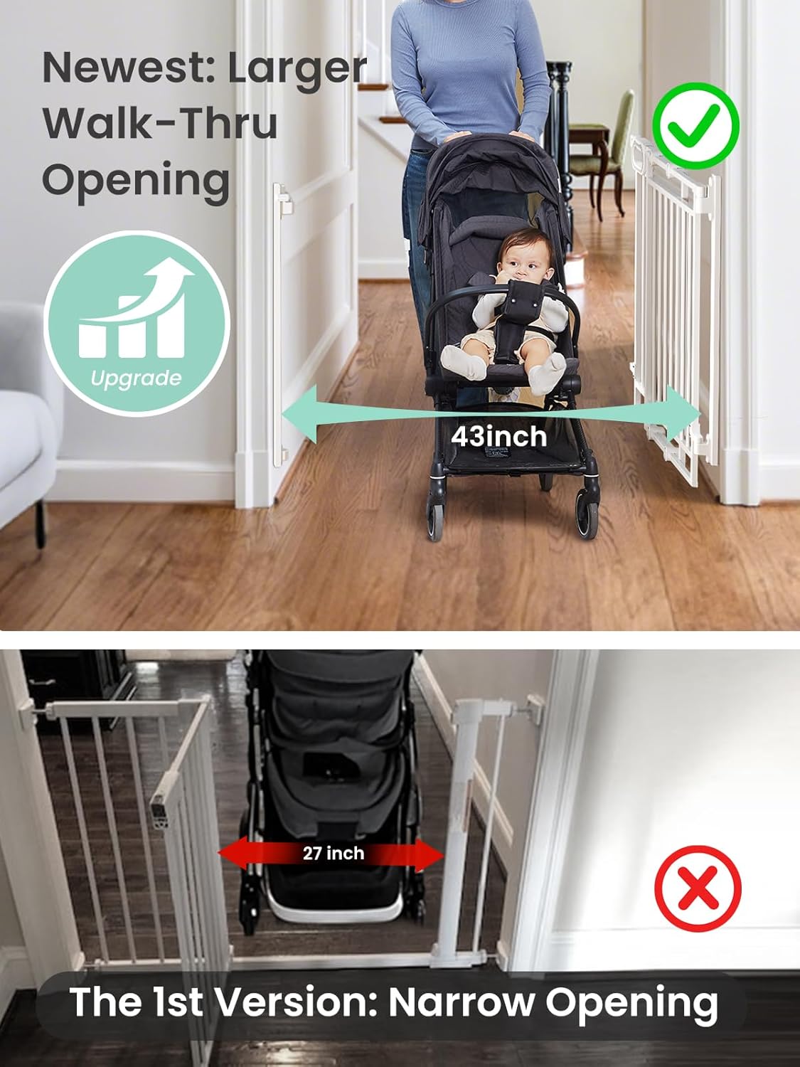 Alternative view of Grownsy Baby Gate for Stairs- No Bottom Bar, 29.8u201D to 43.5u201D for Child and Pet, Dog Gate with Auto-Close & One-Hand Operation, Hardware-Mounted (Drill Needed) Installation for Doorways and Indoor Use