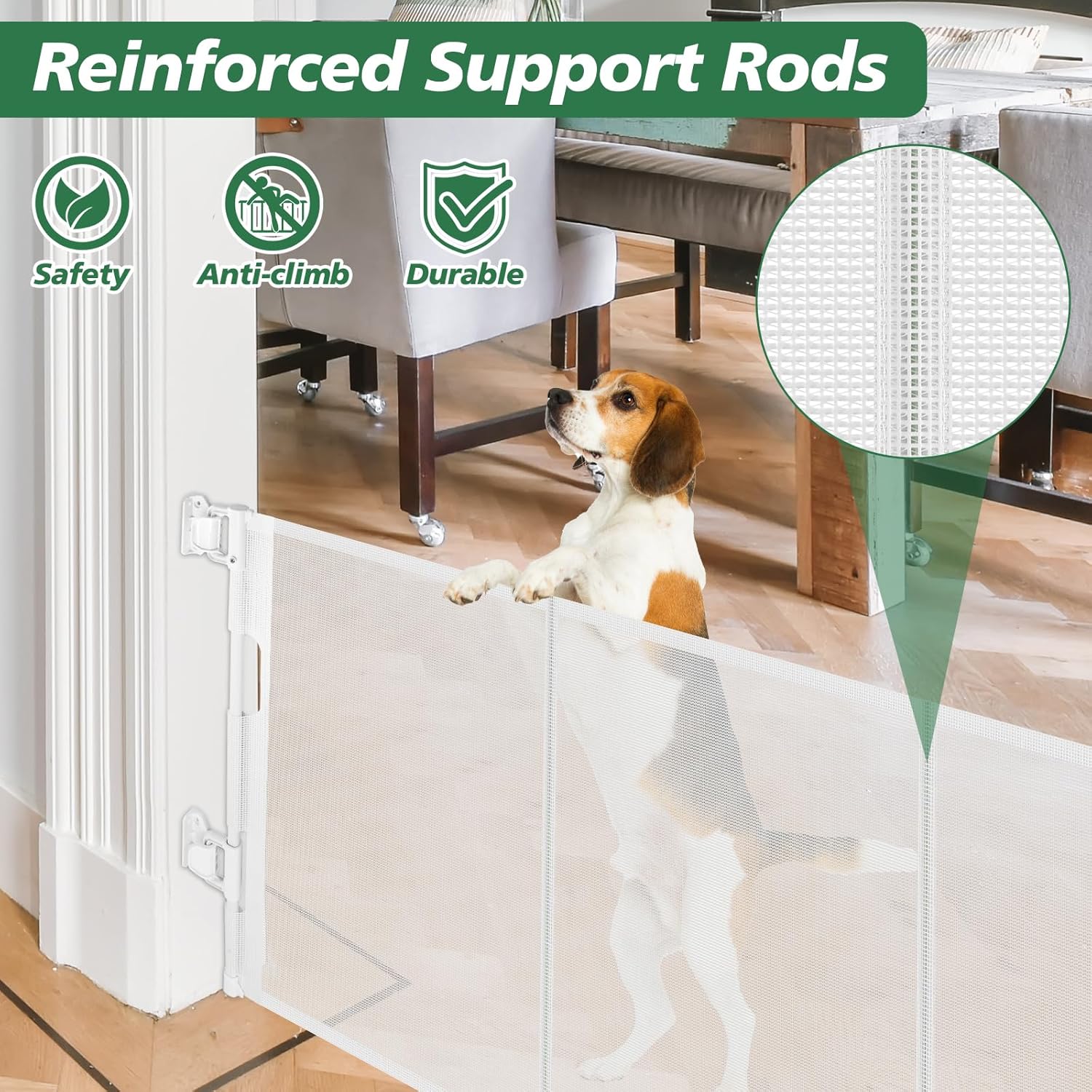 Alternative view of Reinforced 24 Inch Tall Retractable Baby Gates for Dogs, Short Dog Gates to Step Over, Expands 0-55 Inches Wide, Mesh Pet Gate with Support Rods, Small Puppy Gates for The House, White
