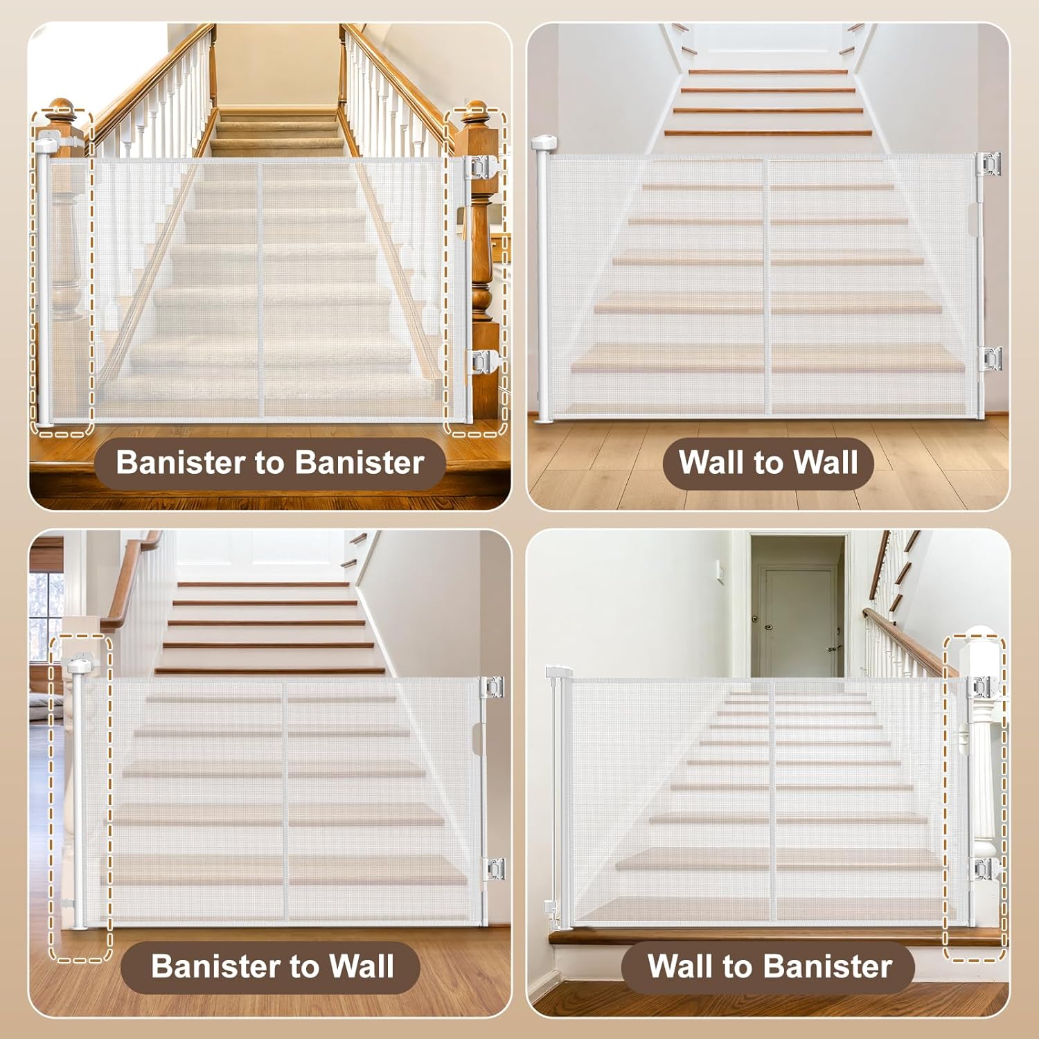 Upgraded Retractable Baby Gates for Stairs & Banister, Mesh Dog Gate Indoor, Extends to 55" Wide 33" Tall, Child Safety Gate for Stairway, Banister & Wall Mount (White) - Image 6