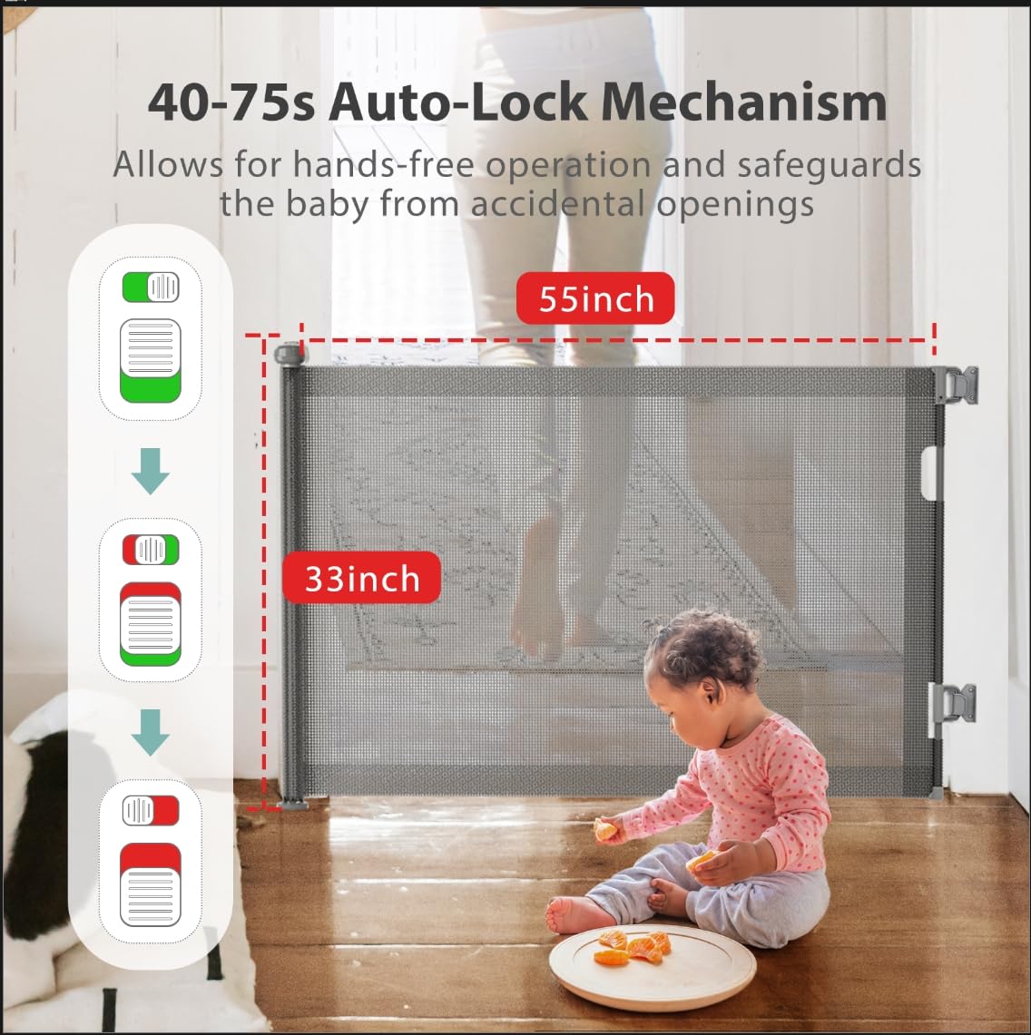 No Drilling Retractable Baby Gates for Stairs with Auto-Lock, 33" x 55" Mesh Baby Dog Pet Cat Gate with Double Locking for Doorways, Durable Child Safety Gate for Hallways Kitchen Indoor Outdoor Gray