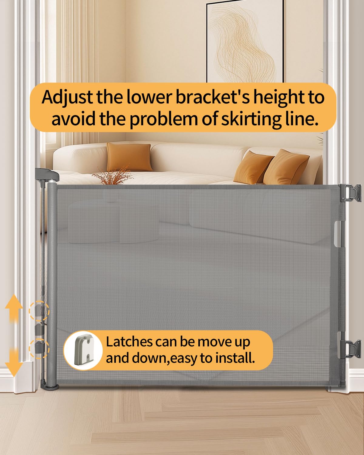 Alternative view of AOURMKOOP Retractable Baby Gate,Mesh Baby Gate or Mesh Dog Gate,33" Tall,Extends up to 55" Wide,Child Safety Gate for Doorways, Stairs, Hallways, Indoor/Outdoor（Grey,33"x55"