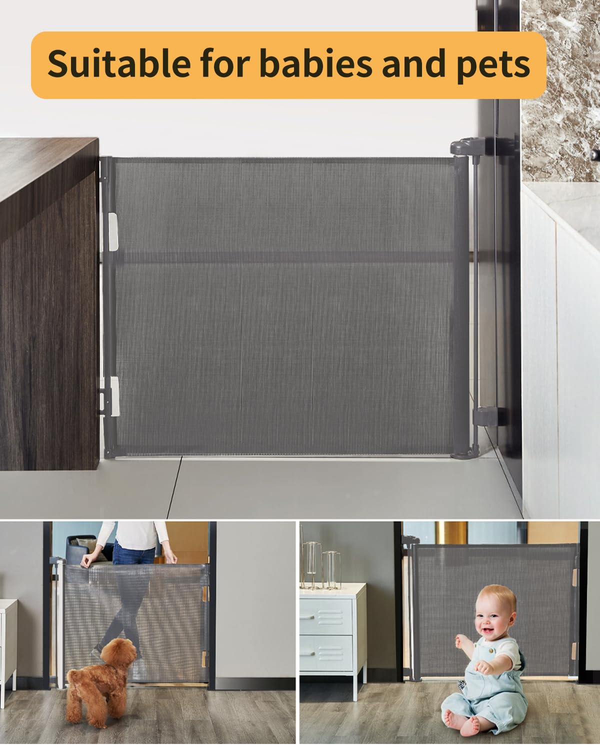 AOURMKOOP Retractable Baby Gate,Mesh Baby Gate or Mesh Dog Gate,33" Tall,Extends up to 55" Wide,Child Safety Gate for Doorways, Stairs, Hallways, Indoor/Outdoor(Grey,33"x55" - Image 5
