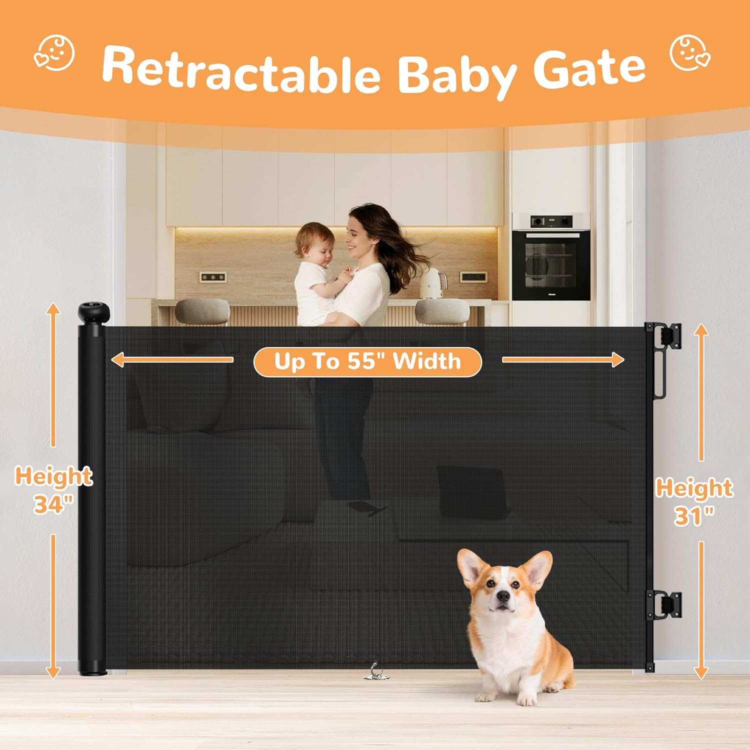 TrusTot Retractable Baby Gates for Stairs, 55"Wide x 34"Tall Mesh Baby Gate with Anti-Crawling Hook, Adjustable Baseboard Bracket, Child Gate for Hallways, Doorways, Kitchen, Indoor & Outdoor, Black