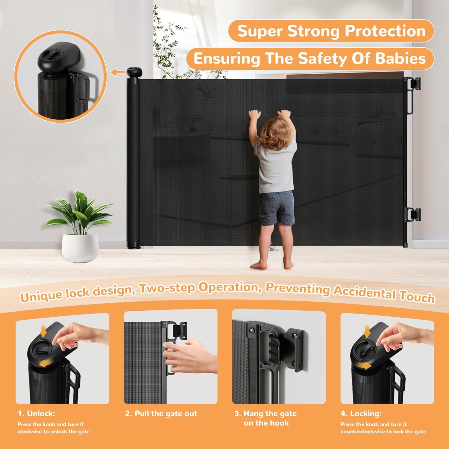 Alternative view of TrusTot Retractable Baby Gates for Stairs, 55"Wide x 34"Tall Mesh Baby Gate with Anti-Crawling Hook, Adjustable Baseboard Bracket, Child Gate for Hallways, Doorways, Kitchen, Indoor & Outdoor, Black