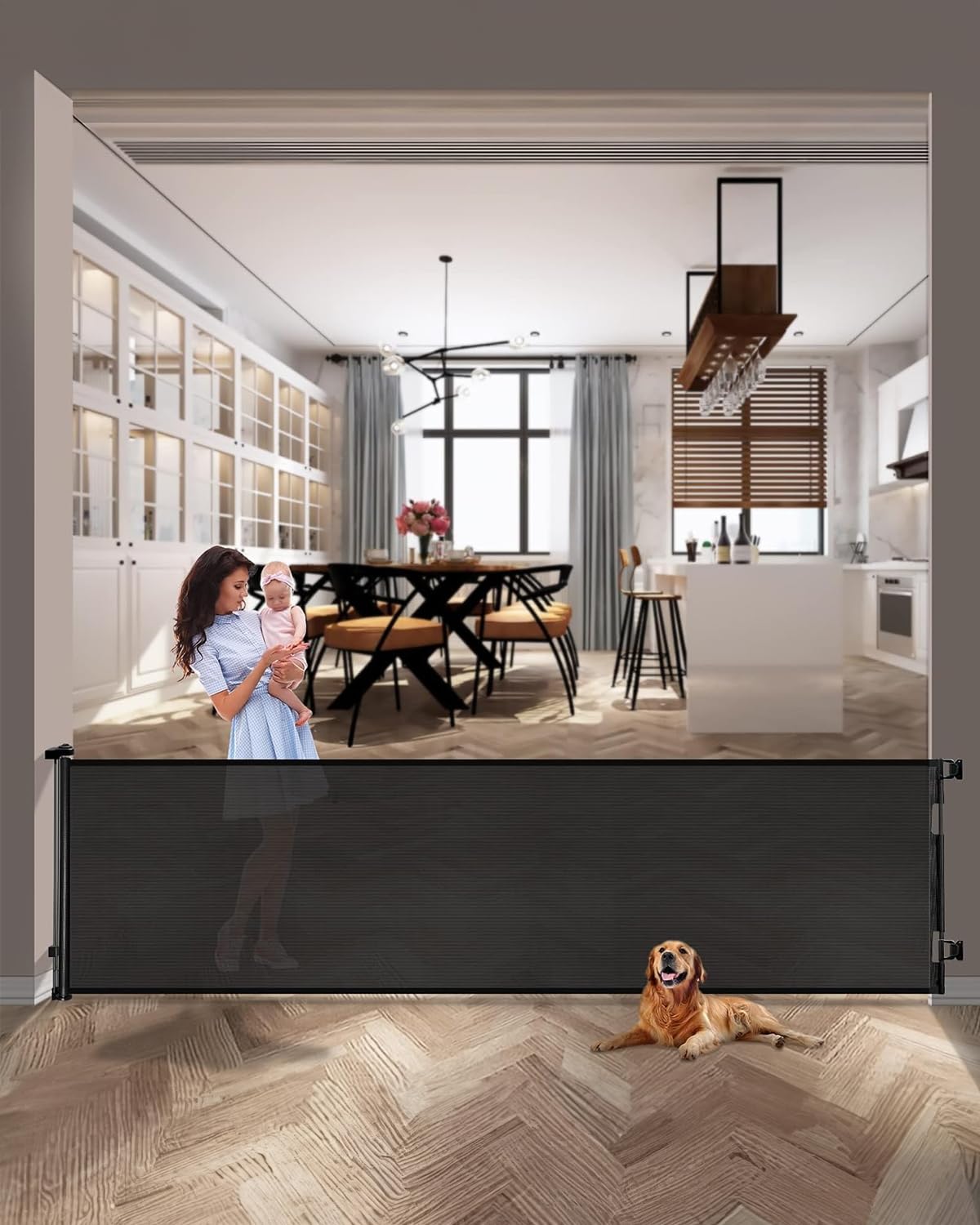 AOURMKOOP Retractable Baby Gate,Mesh Baby Gate or Mesh Dog Gate,33" Tall,Extends up to 55" Wide,Child Safety Gate for Doorways, Stairs, Hallways, Indoor/Outdoor(Grey,33"x55" - Image 7