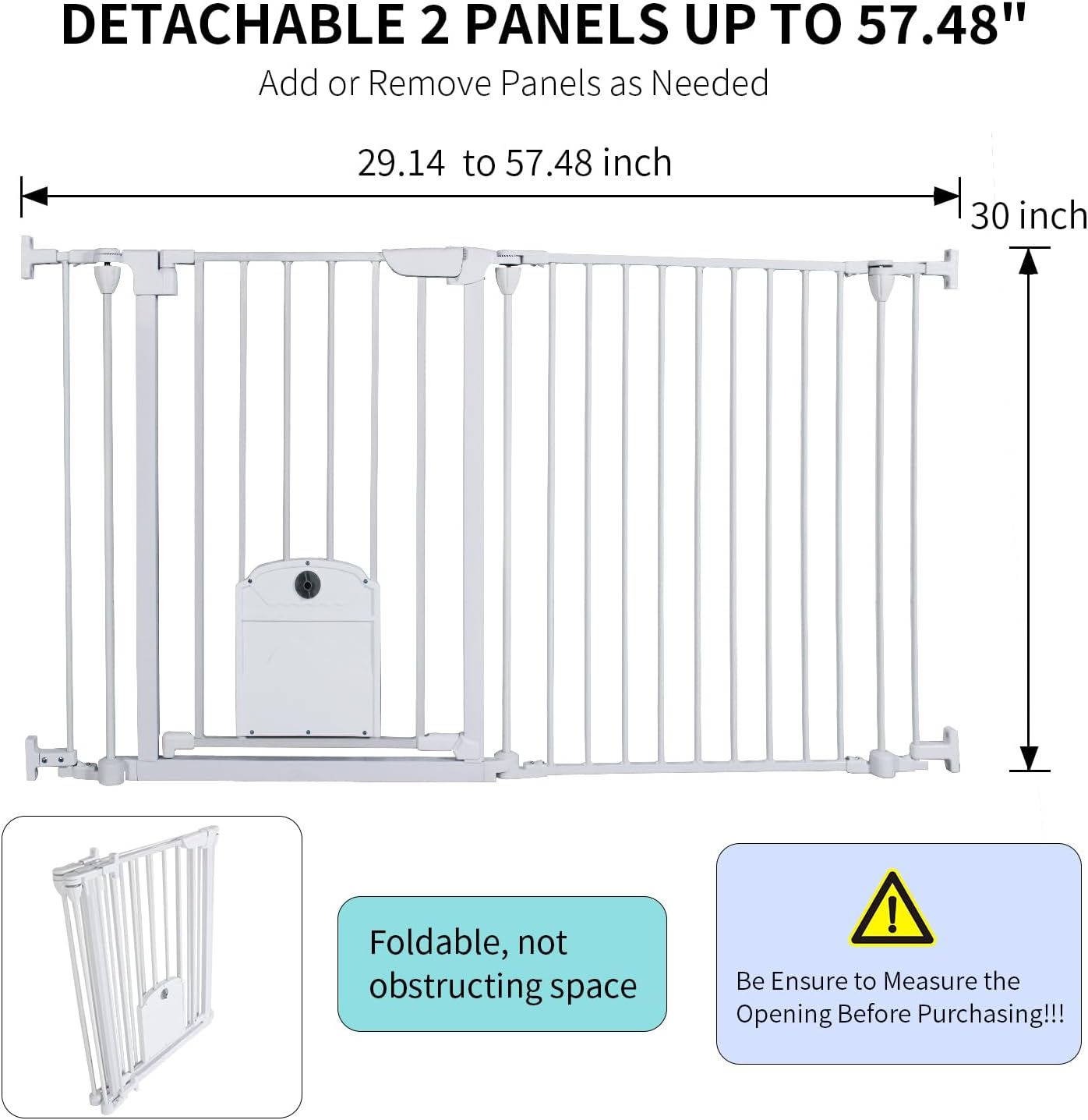 NexusSmash 57.48" Extra Wide Baby Gate with Cat Door, Auto Close Pet Gates Dog Gate, Hardware Mounted Walk Through Swing Safety Baby Gates for Stairs, Doorways, Kitchen, House, 30" Tall, 2 Panels