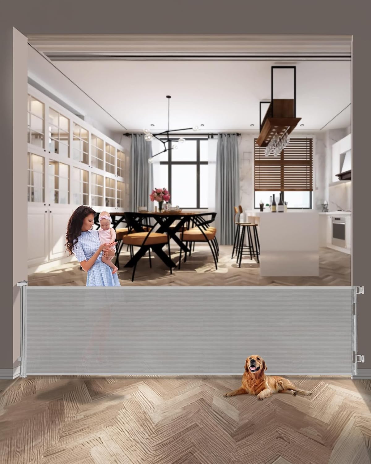 AOURMKOOP Retractable Baby Gate,Mesh Baby Gate or Mesh Dog Gate,33" Tall,Extends up to 55" Wide,Child Safety Gate for Doorways, Stairs, Hallways, Indoor/Outdoor(Grey,33"x55" - Image 9