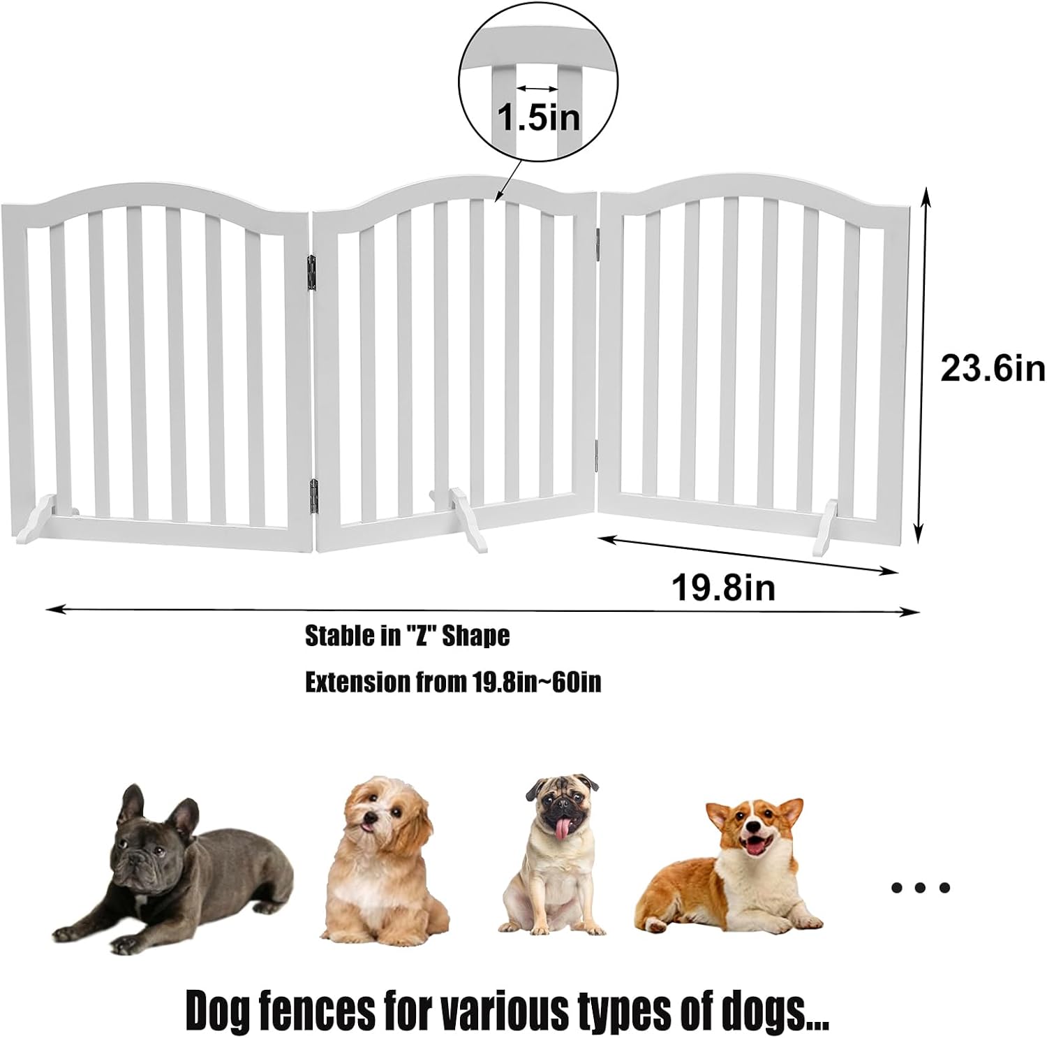 Alternative view of Foldable Wooden Dog Gate - 3-Panel Freestanding Pet Fence, 23.6 Inches, White - Suitable for Doorways & Stairs, Also Works as Baby Gate.