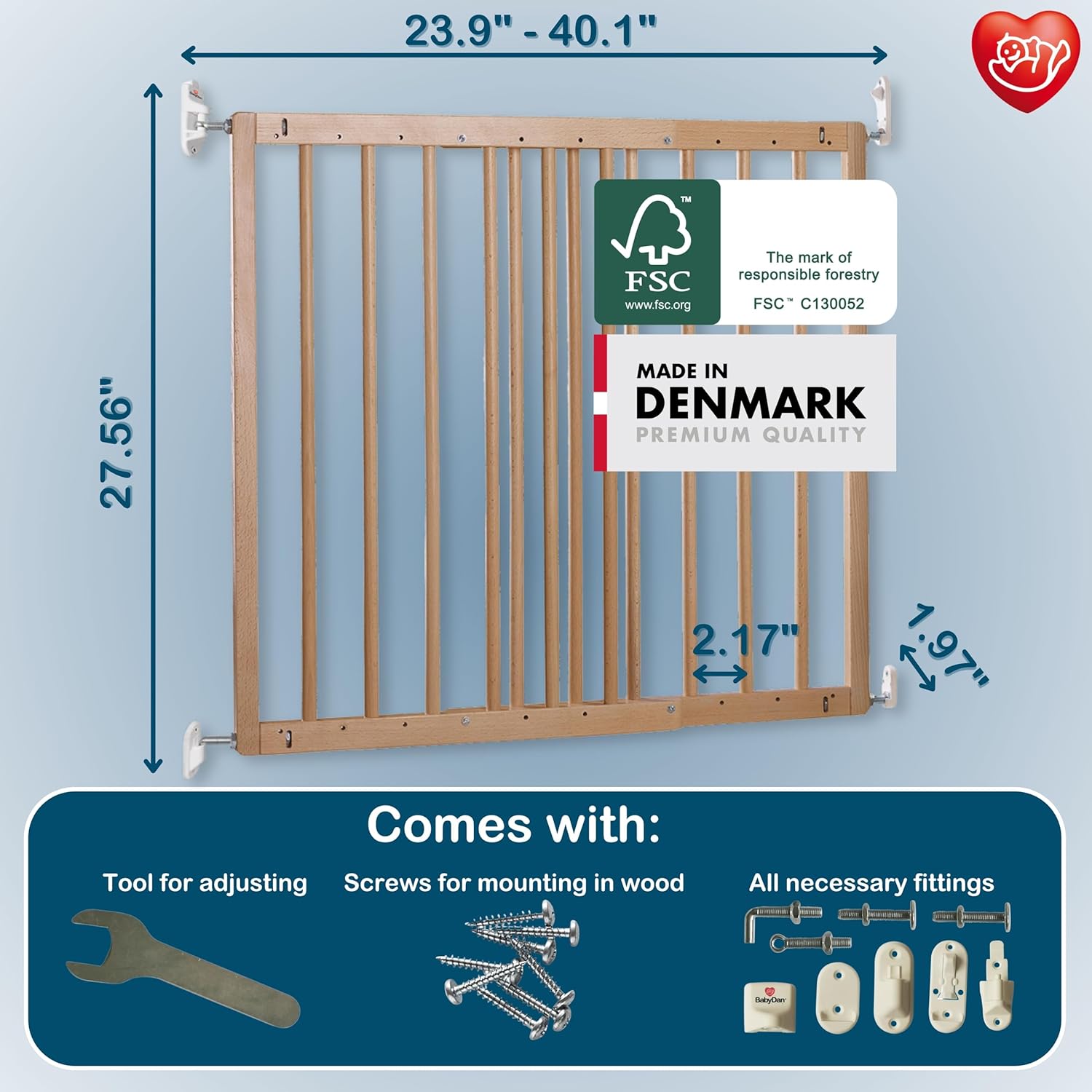 BabyDan MultiDan, 23.9"-40.", Extendable Stair Gate/Baby Gate/Safety Gate, Wood, Made in Denmark - (Pet Gate/Dog gate)
