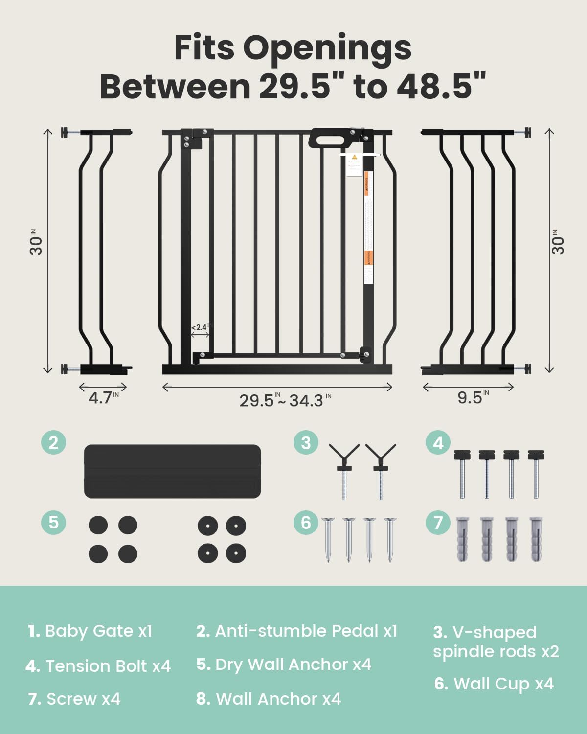 Mom's Choice-GROWNSY Baby Gate for Stairs, 30.5"-48.4" Pressure Mounted Baby Gate for Top of Stair&Doorway with Y-Spindle Rods, Anti-Trip Pedal, Wide Stairs Dog Gate Easy Install w/Red Reminder,Black
