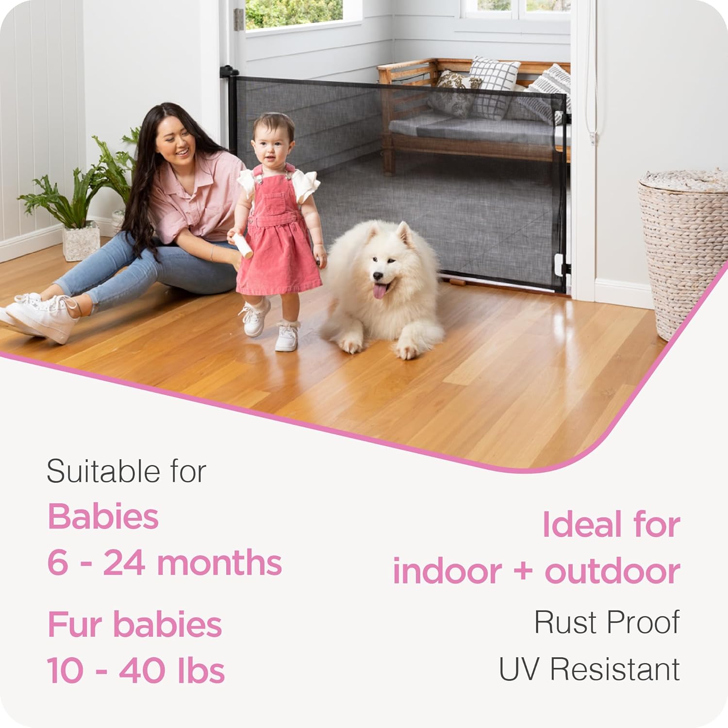 Alternative view of Perma Child Safety Retractable Baby Gate, 71" Wide x 33" Tall, Mesh for Stairs, Doorways, Indoors, Outdoors, Dogs, One-Hand Operation, Locks, Easy Install, Black