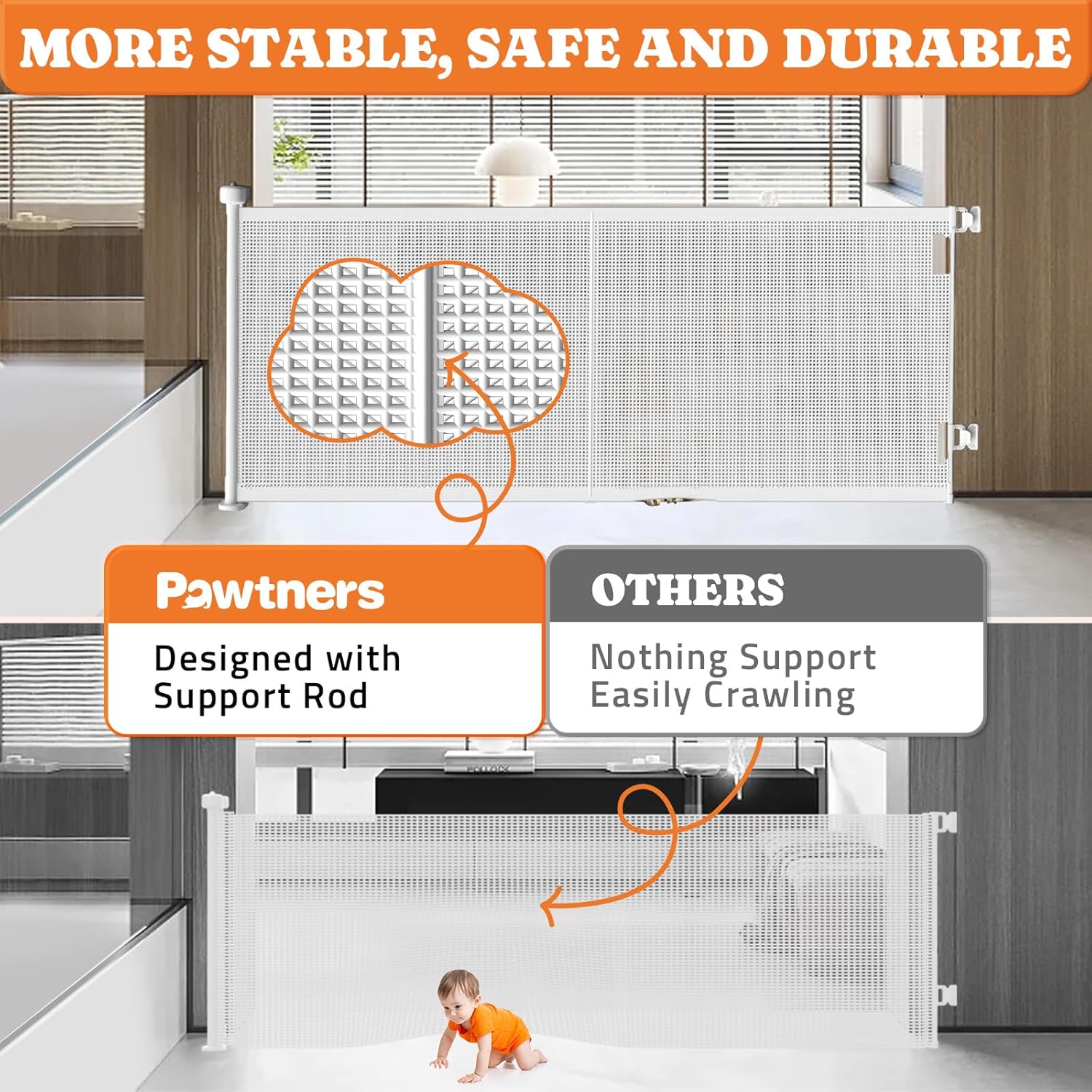 Alternative view of Upgrade Retractable Baby Gates, 35" Tall Extends up to 60" Wide, Mesh Dog Gate Indoor for Stairs, Outdoor Reinforced Pet Gate with Support Rods for Doorways Hallways Kitchen Bedroom, White