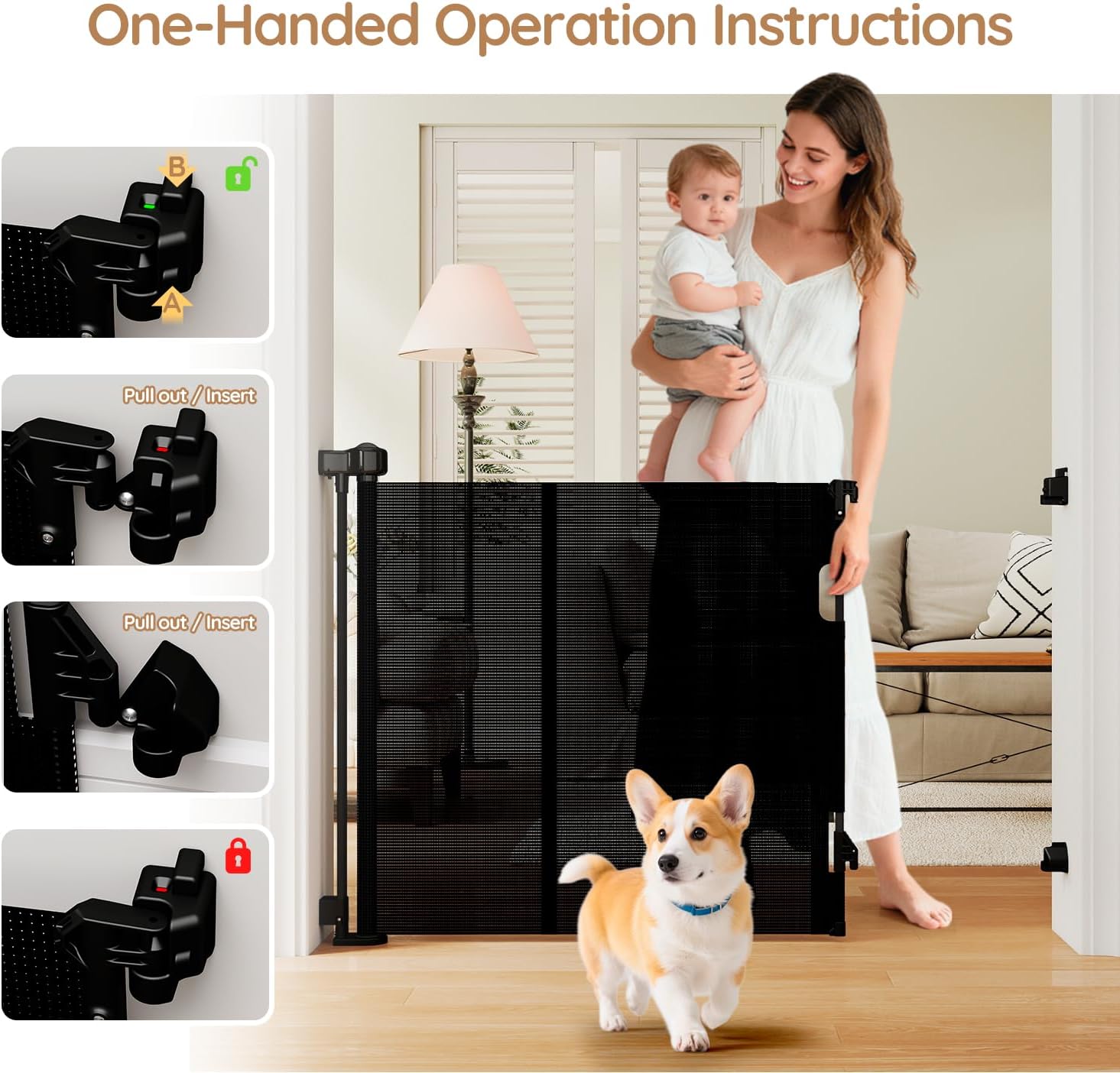 Miumoon One-Hand Operation Retractable Baby Gates, 59 inch Retractable Gate with Reinforced Strip Design to Prevent Crawling Through, 5 FT Retractable Dog Gate for Stairs, Doorways, Hallways