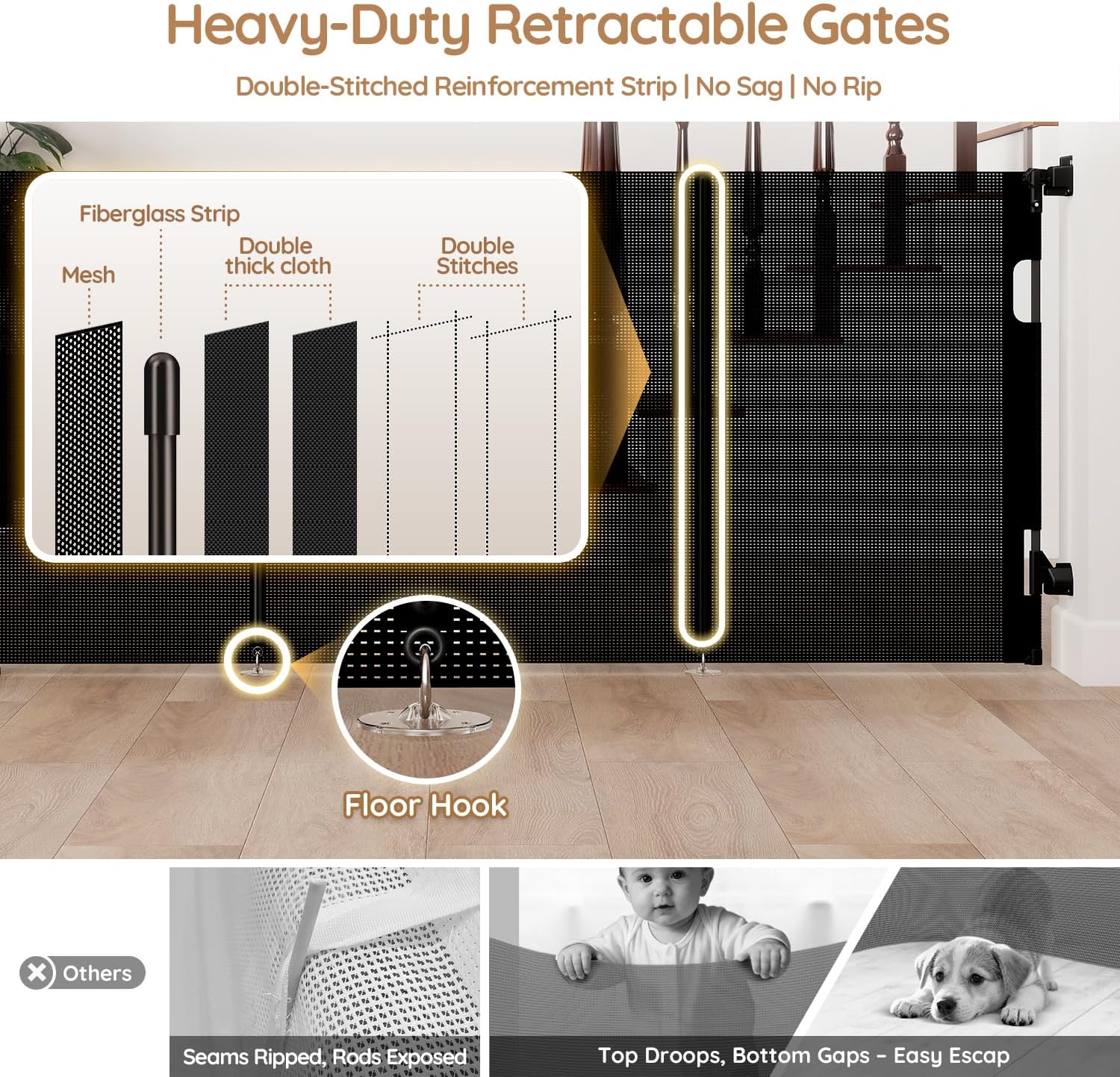 Alternative view of Miumoon One-Hand Operation Retractable Baby Gates, 59 inch Retractable Gate with Reinforced Strip Design to Prevent Crawling Through, 5 FT Retractable Dog Gate for Stairs, Doorways, Hallways