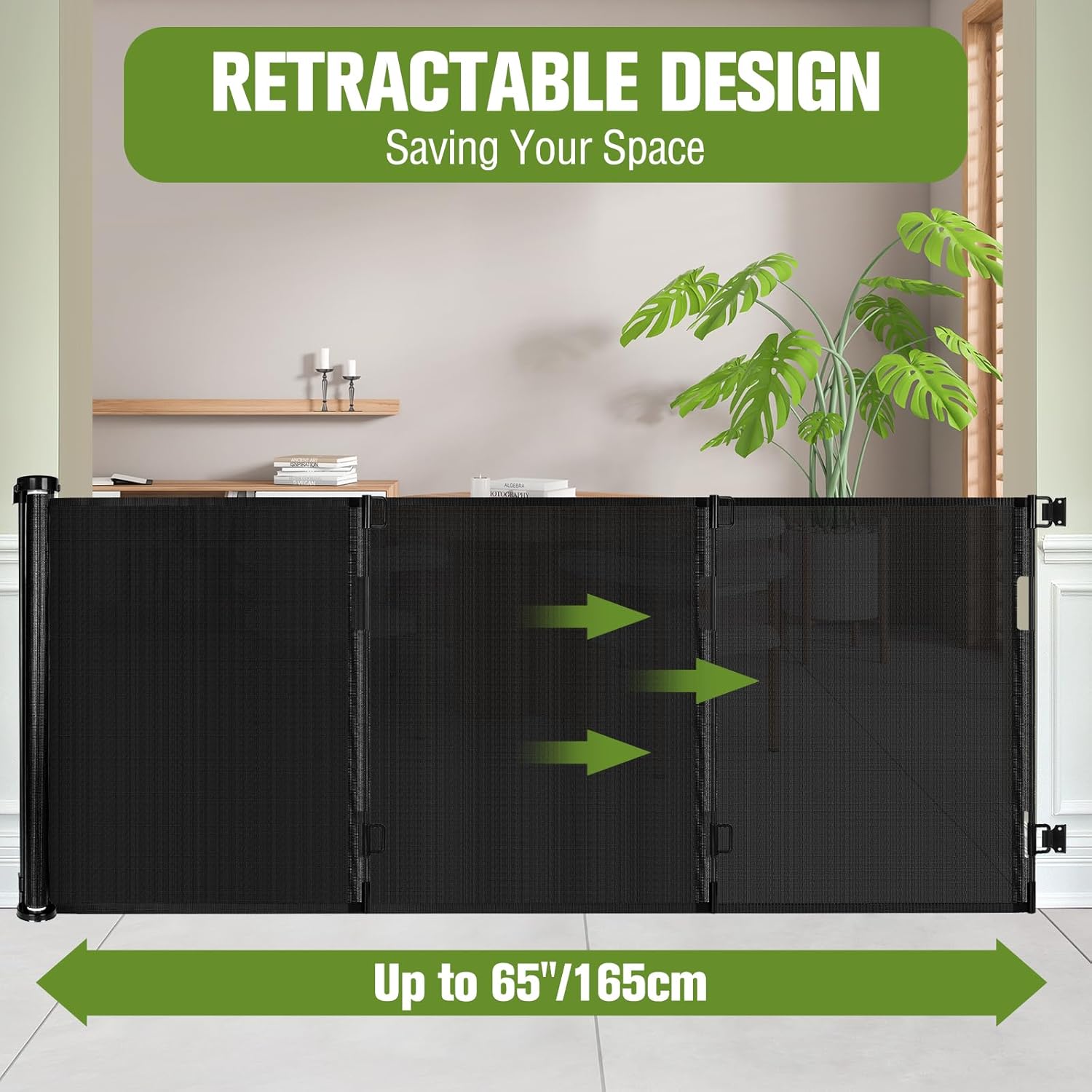 Baby Gate Extra Wide 65" Space Saving Retractable Mesh Gates for Kids or Pets Movable Retractable Baby Gates Indoor Outdoor Retractable Gate Dog Gates for Doorways, Stairs, Black