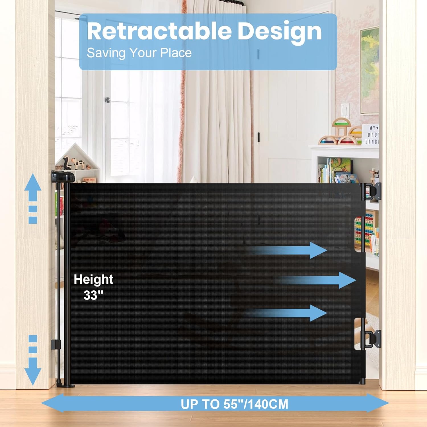 HAMOPY Retractable Baby Gate, 33" Tall, Extends up to 55" Wide, Durable Auto-Lock Baby Gates for Stairs, Mesh Dog Gate and Child Safety Gates for Doorways, Hallways, Indoor, Outdoor(Black)