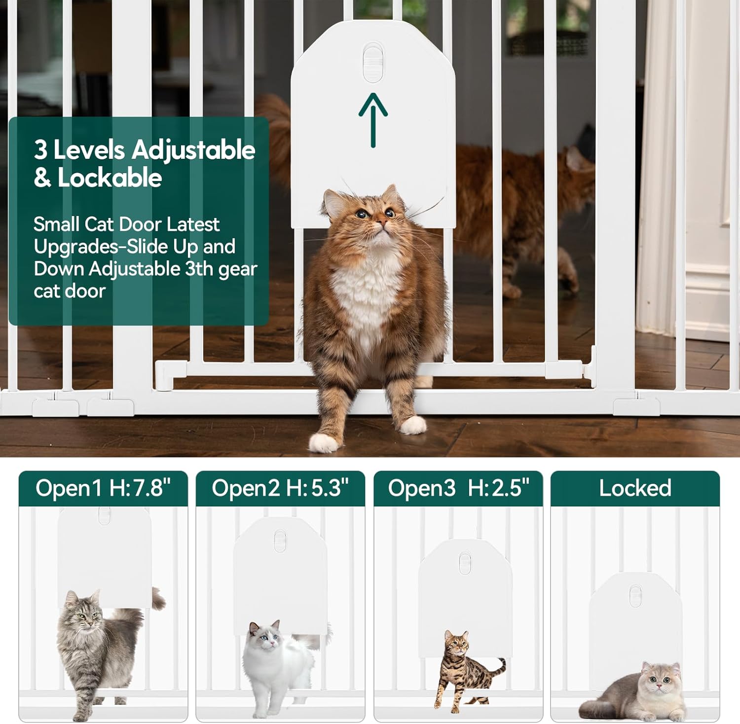 Alternative view of Babelio 36" Tall Auto Close Baby Gate with Small Cat Door, 29-43" Metal Cat Gate for Doorway, Stairs, House. Easy Walk Thru Dog Gate with pet Door, Includes 4 Wall Cups and 3 Extension Pieces, White