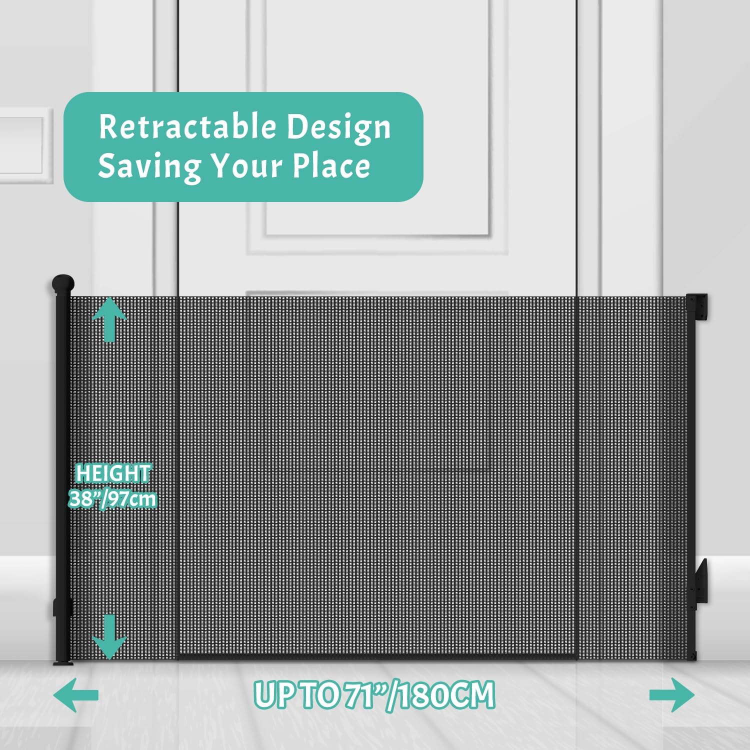 JSQBSECL Retractable Baby Gate, Pet Gate for Stairs, Mesh Dog Gate for Doorways, Safety Locking Gates for Baby Indoor, Stair Gate for Outdoor, Hallways, Doorways (Black, 70 inch)