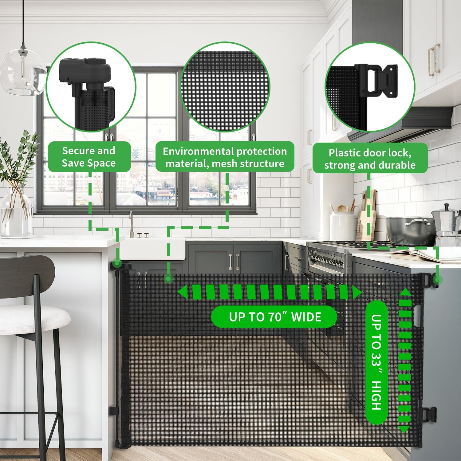 Upgraded Retractable Baby Gate for Stairs, 33"Tall Expands 71"Wide Ideal Safety Solution Dog Gate for Stairs Doorways Hallways Indoor/Outdoor Mesh Baby Gate Retractable Screen Door(Black,86CMx180CM)