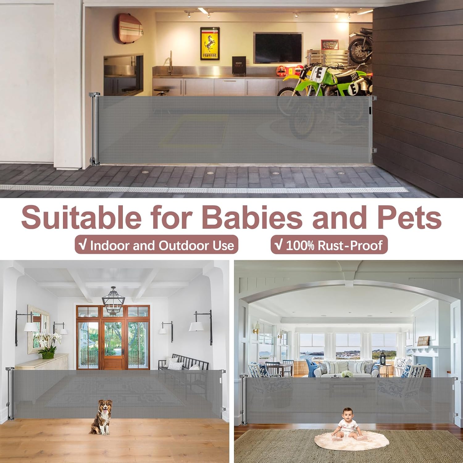 Alternative view of 85 Inch Retractable Baby Gates Extra Wide Retractable Dog Gate for Wide Openings Indoor Outdoor Retractable Gate Mesh Dog Gates for The House Extra Wide Baby Gate Retractable Gates for Dogs, Gray