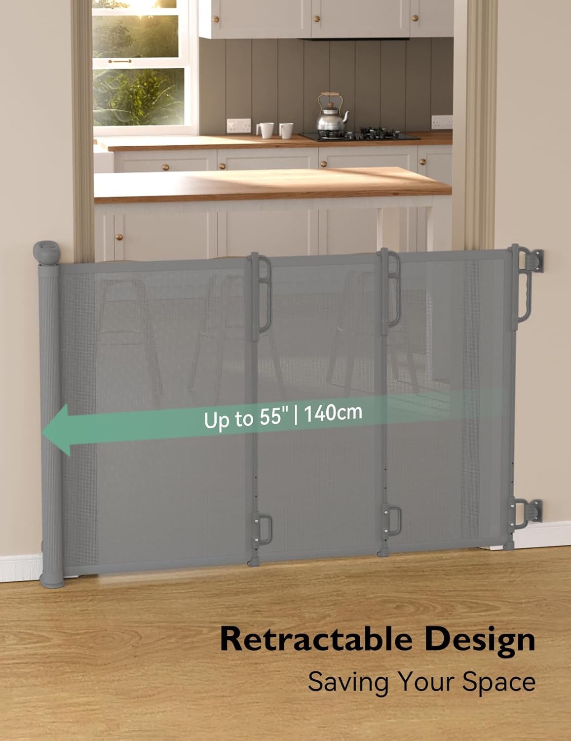 Alternative view of Momcozy Auto Lock Retractable Baby Gate, Safety Gate for Baby and Pet, 33u201D Tall, Extends to 55u201D Wide, Mesh Safety Dog Gate for Stairs, Indoor, Outdoor, Doorways, Hallways