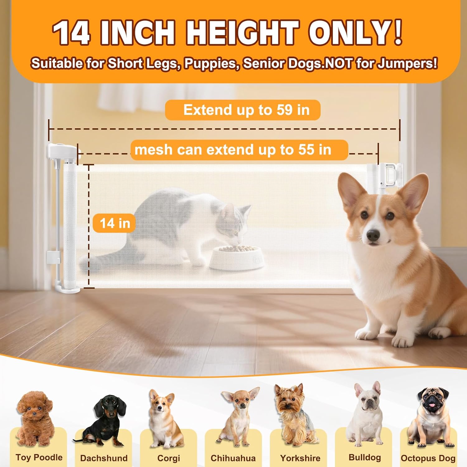 Short Dog Gate,14" Tall Retractable Baby Gate to Step Over, Puppy Mesh Pet Gates Doggy for Doorways Stairs, Extends up to 59" Wide for Kitchen Hallways Indoor,- NOT for Jumpers - Drilling Required