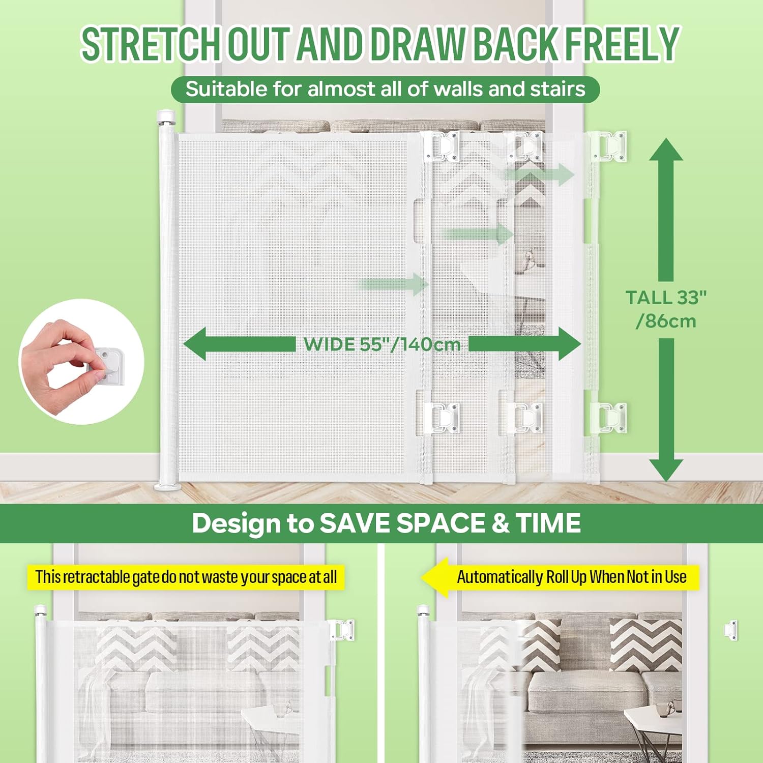 Retractable Baby Gate, Extra Wide Safety Kids or Pets Gate, 33u201D Tall, Extends to 55u201D Wide, Mesh Safety Dog Gate for Stairs, Indoor, Outdoor, Doorways, Hallways