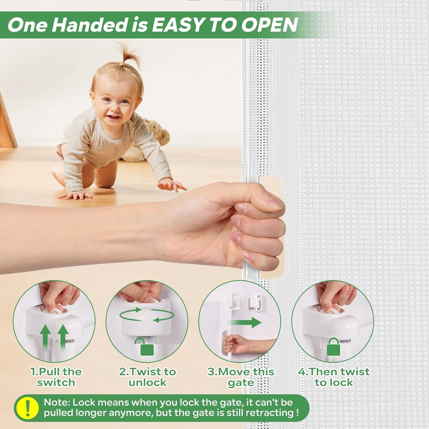 Alternative view of Retractable Baby Gate, Extra Wide Safety Kids or Pets Gate, 33u201D Tall, Extends to 55u201D Wide, Mesh Safety Dog Gate for Stairs, Indoor, Outdoor, Doorways, Hallways