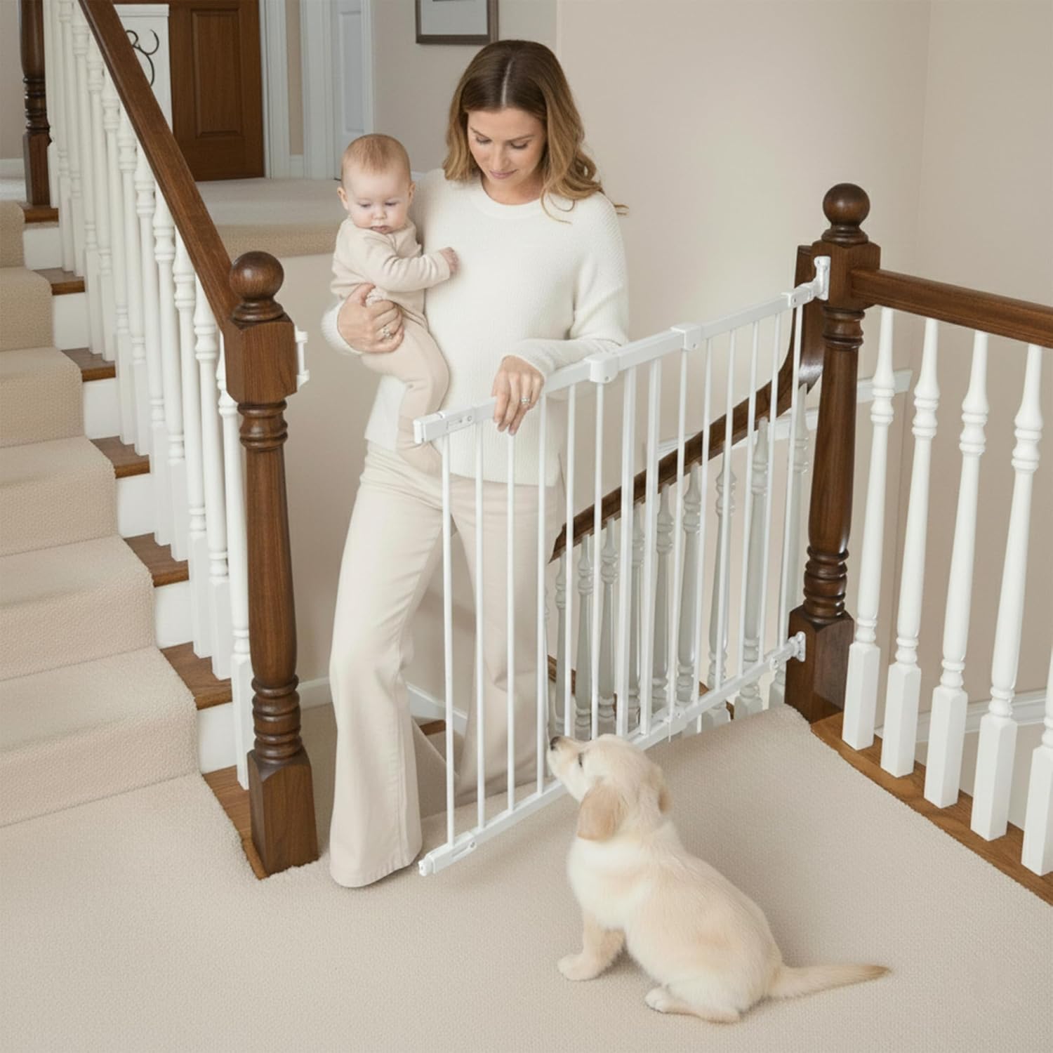 KidCo 28-42.5" Angle Mount Safeway Angeled Baby Gate for Stairs with Banister or Uneven Walls | No-Trip Top of Stairs Baby Gate No Bottom Bar | Quick-Release Mounted Hardware (White)