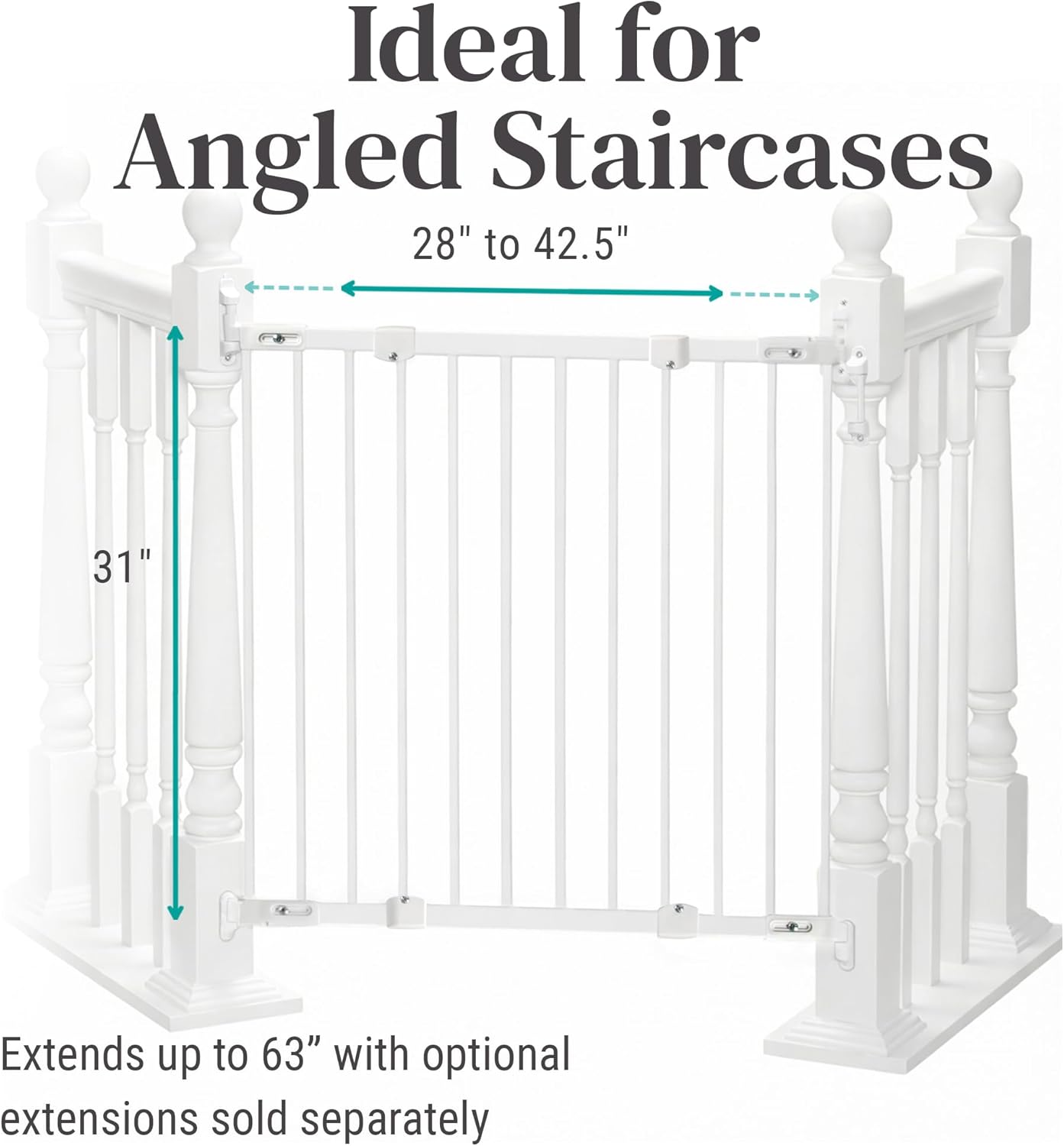 Alternative view of KidCo 28-42.5" Angle Mount Safeway Angeled Baby Gate for Stairs with Banister or Uneven Walls | No-Trip Top of Stairs Baby Gate No Bottom Bar | Quick-Release Mounted Hardware (White)
