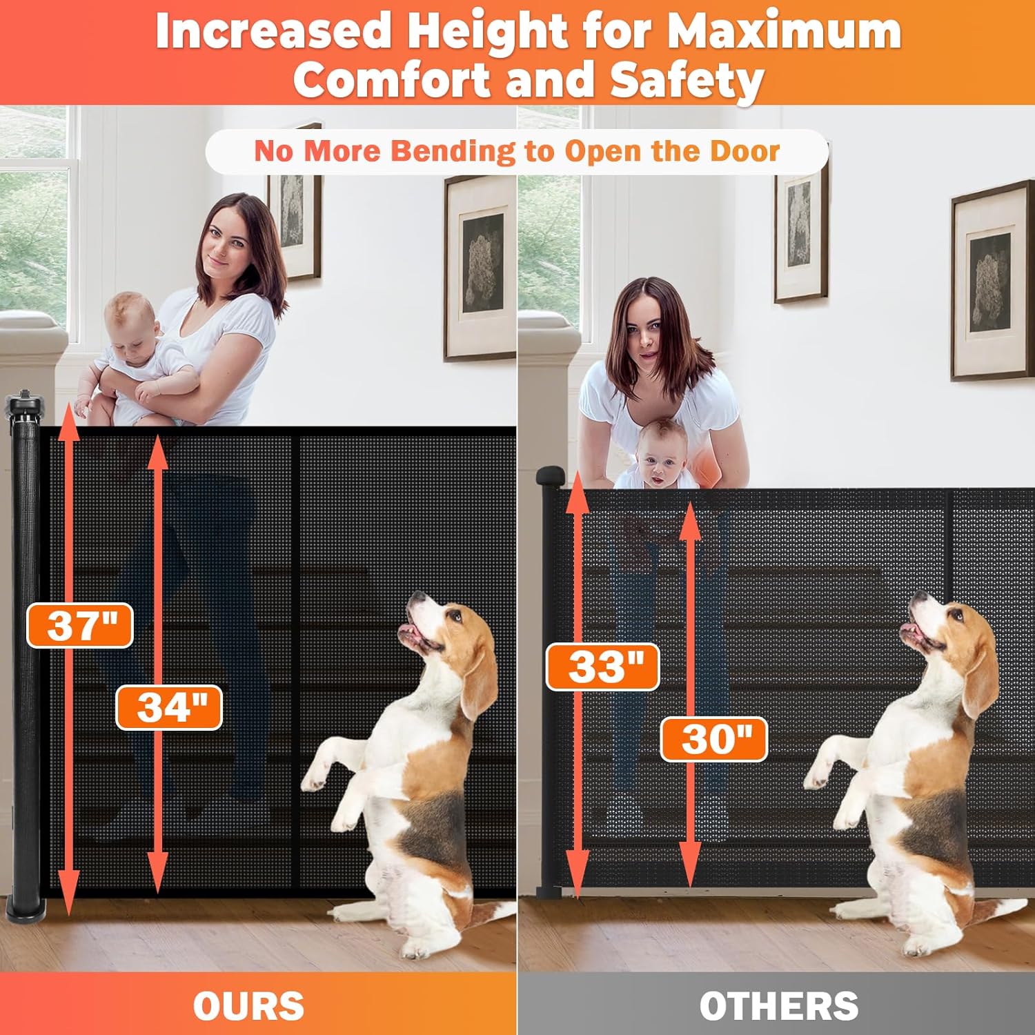 Retractable Baby Gates for Stairs, 78" Wide Retractable Dog Gate Pet Gate, 34" Extra Tall Child Safety Gate Toddler Mesh Gate with Support Rods for Doorways, Hallways, Deck, Porch, Indoor, Outdoor