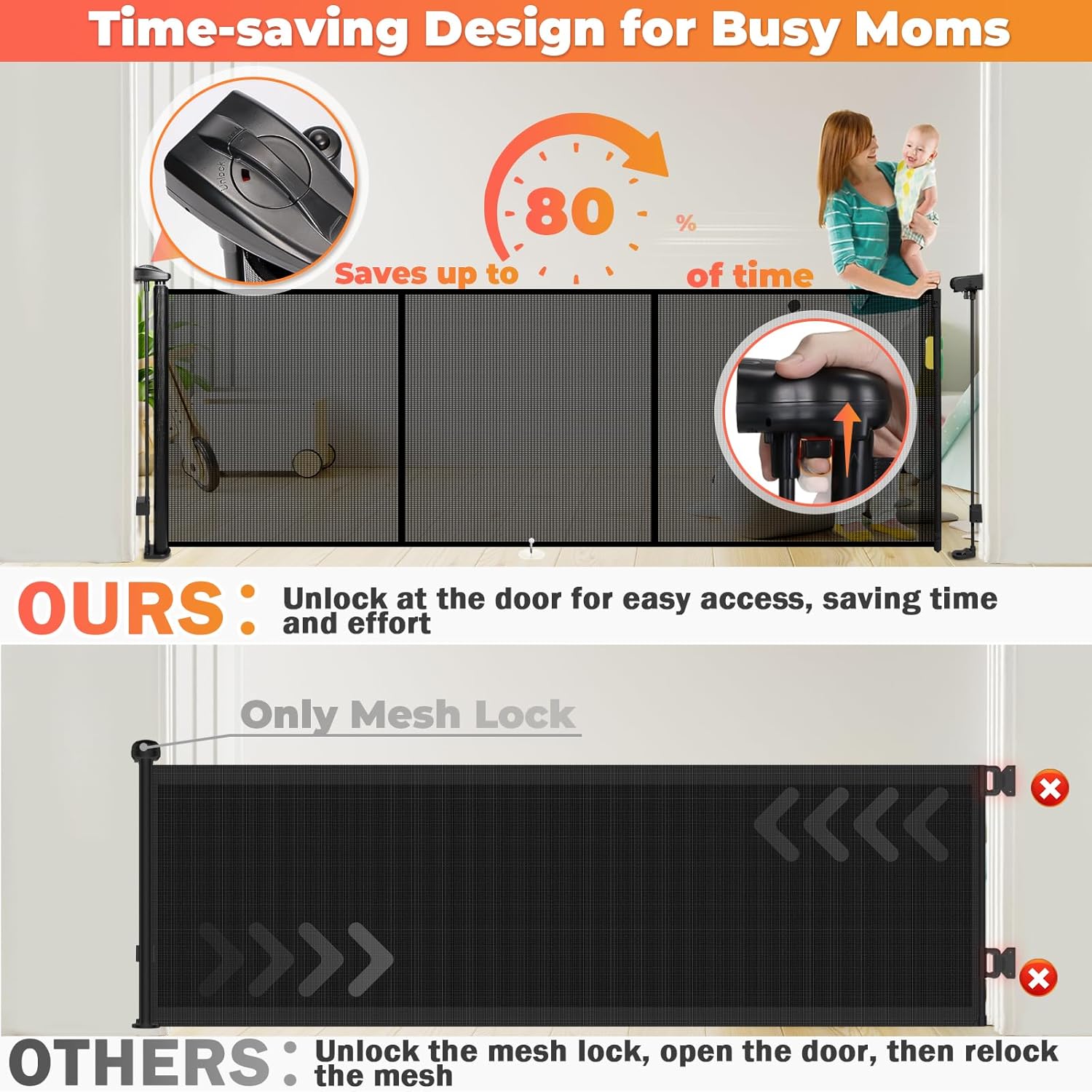 Alternative view of Retractable Baby Gates for Stairs, 78" Wide Retractable Dog Gate Pet Gate, 34" Extra Tall Child Safety Gate Toddler Mesh Gate with Support Rods for Doorways, Hallways, Deck, Porch, Indoor, Outdoor