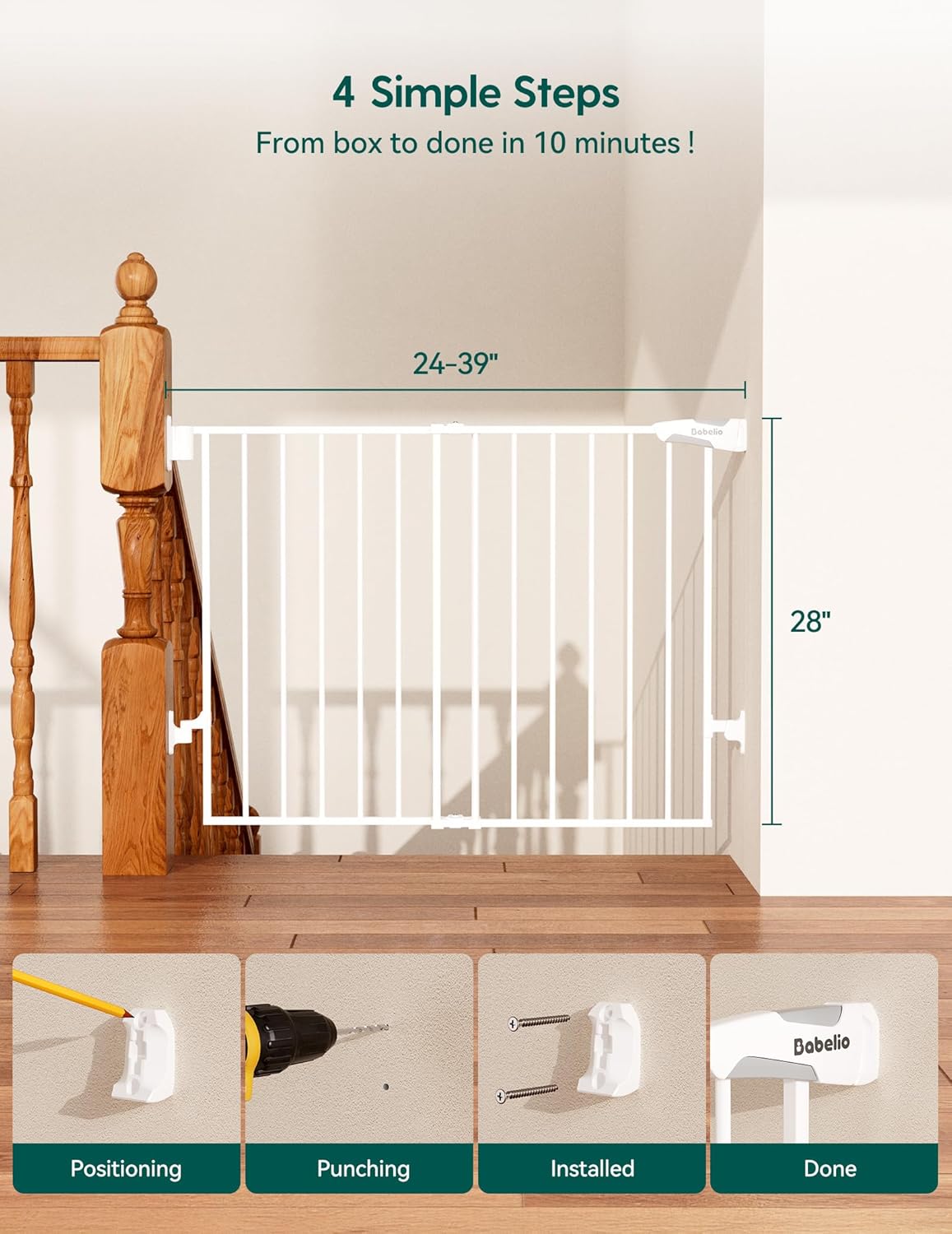 Babelio Baby Gate for Stairs, Kitchen & Doorways, No Bottom Bar| Easy Installation| One-Handed Operation| Auto-Close| Hardware Mount (Drill Needed) Safety Dog Gate (White - B17, 24-39" W, 28" H)