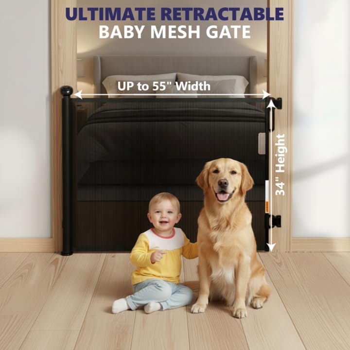 Retractable Baby Gate for Stairs - Black Baby Gate 55 inches Wide 34 inch Tall, Mesh Retractable Dog Gate for doorways, Hallways, Deck, Outdoor, Indoor, Kitchen, & Porch - Drill Installation