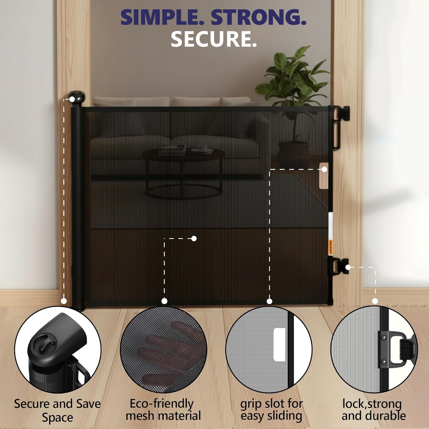 Alternative view of Retractable Baby Gate for Stairs - Black Baby Gate 55 inches Wide 34 inch Tall, Mesh Retractable Dog Gate for doorways, Hallways, Deck, Outdoor, Indoor, Kitchen, & Porch - Drill Installation