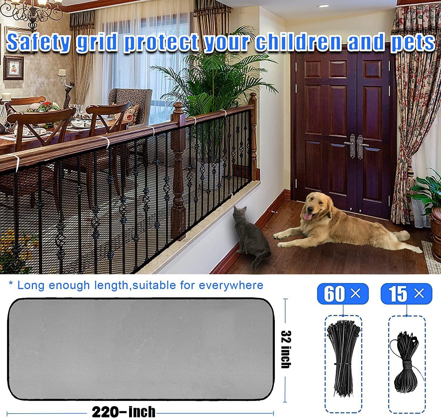 Stairway Net, Baby Gate for Stairs with No Drilling, Baby Safety Banister Guard Rail Net, 18 ft L x 2.66 ft H, Safety Net Balcony Banister Stair Net for Child, Small pet,Toy- Indoor & Outdoor(Black)