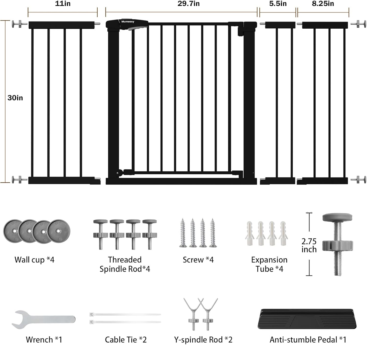 Mumeasy 29.7-57" Extra Wide Baby Gate, Auto Close Large Dog Gate for Doorways, No Drilling Pressure Mounted Pet Safety Gate for Stairs, Easy Walk Through Child Gate for Hallways, House, Indoor, Black