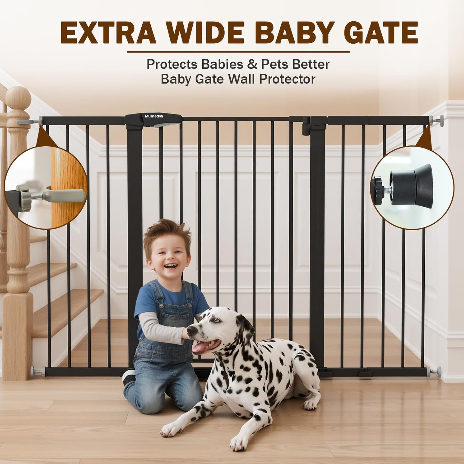 Alternative view of Mumeasy 29.7-57" Extra Wide Baby Gate, Auto Close Large Dog Gate for Doorways, No Drilling Pressure Mounted Pet Safety Gate for Stairs, Easy Walk Through Child Gate for Hallways, House, Indoor, Black