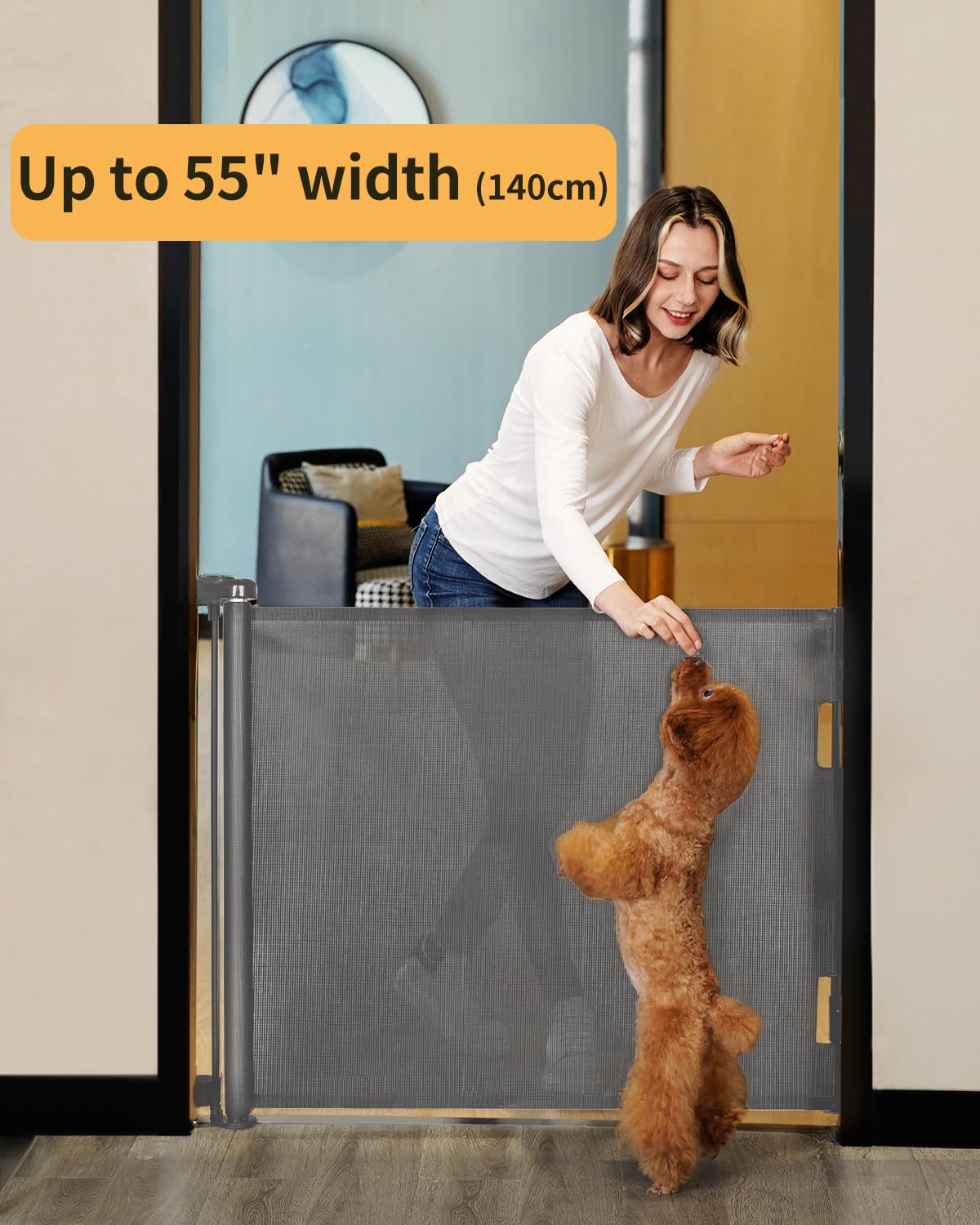 AOURMKOOP Retractable Baby Gate,Mesh Baby Gate or Mesh Dog Gate,33" Tall,Extends up to 55" Wide,Child Safety Gate for Doorways, Stairs, Hallways, Indoor/Outdoor（Grey,33"x55"