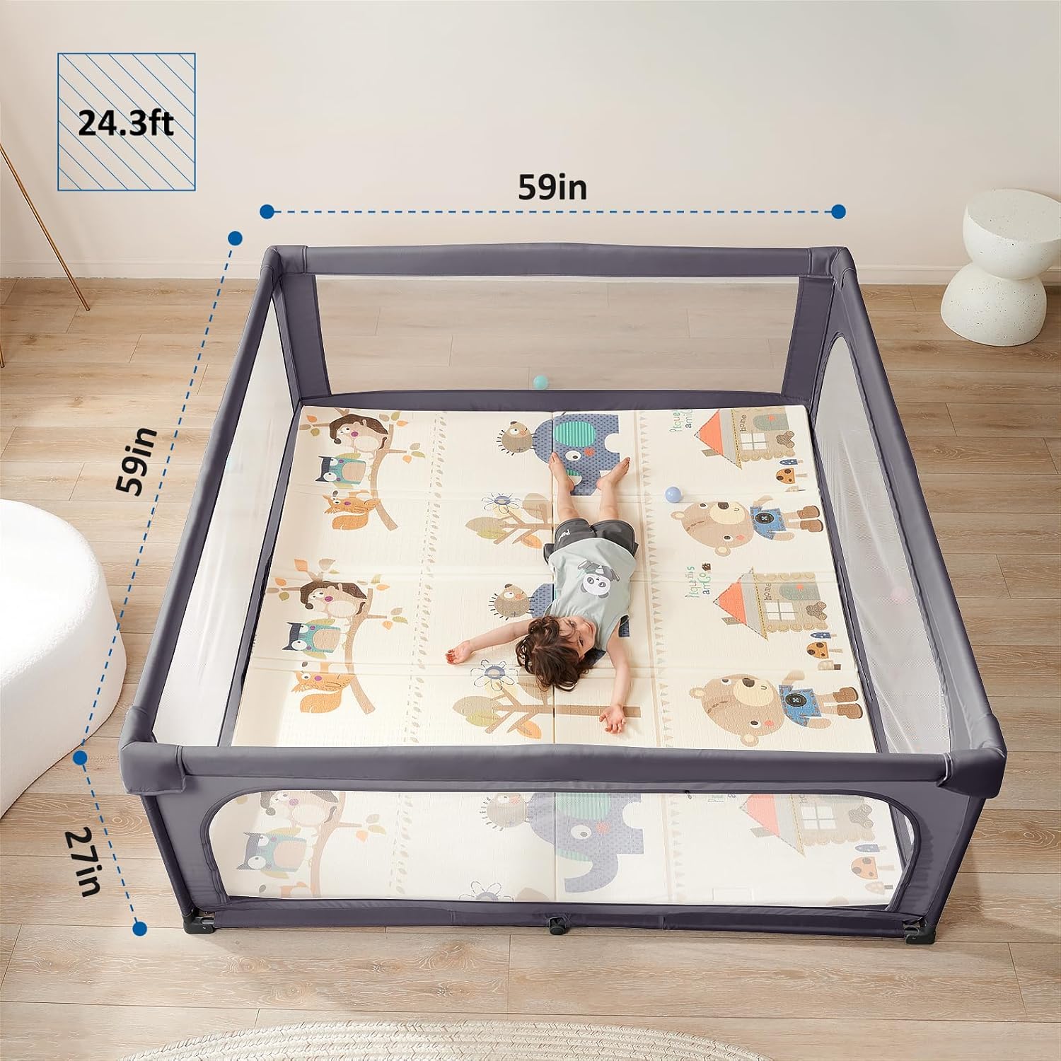 Sweeby Baby Playpen, 59x59 Inch Baby Gate Playpens for Babies and Toddlers, Large Playpen with Door Play Yard for Indoor and Outdoor Play Pen,Darkgrey