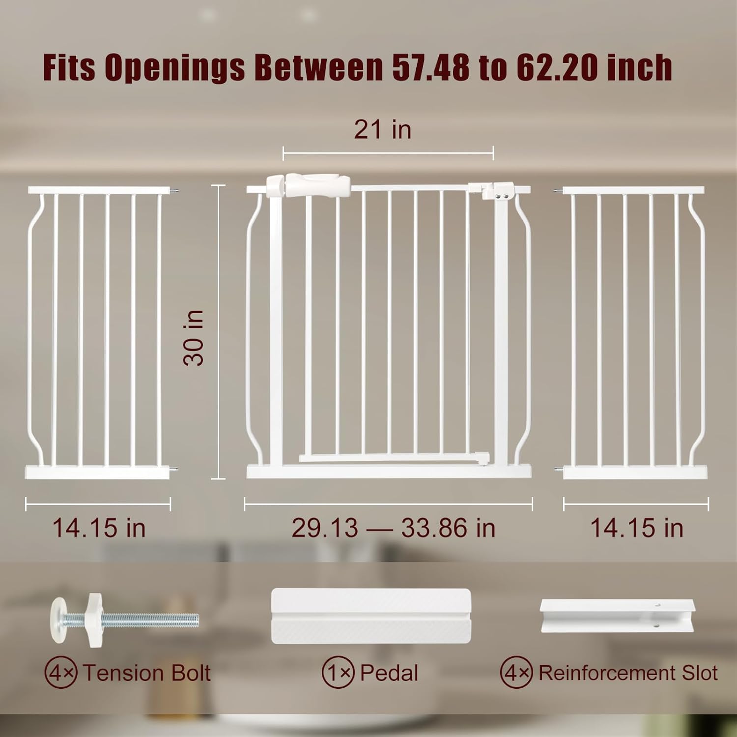 Extra Wide Baby Gate 57.5-62.2 Pressure Mounted,Child Dog Pet Safety Gates with Walk Through Door for Doorways Stairs No Drilling in Door,White