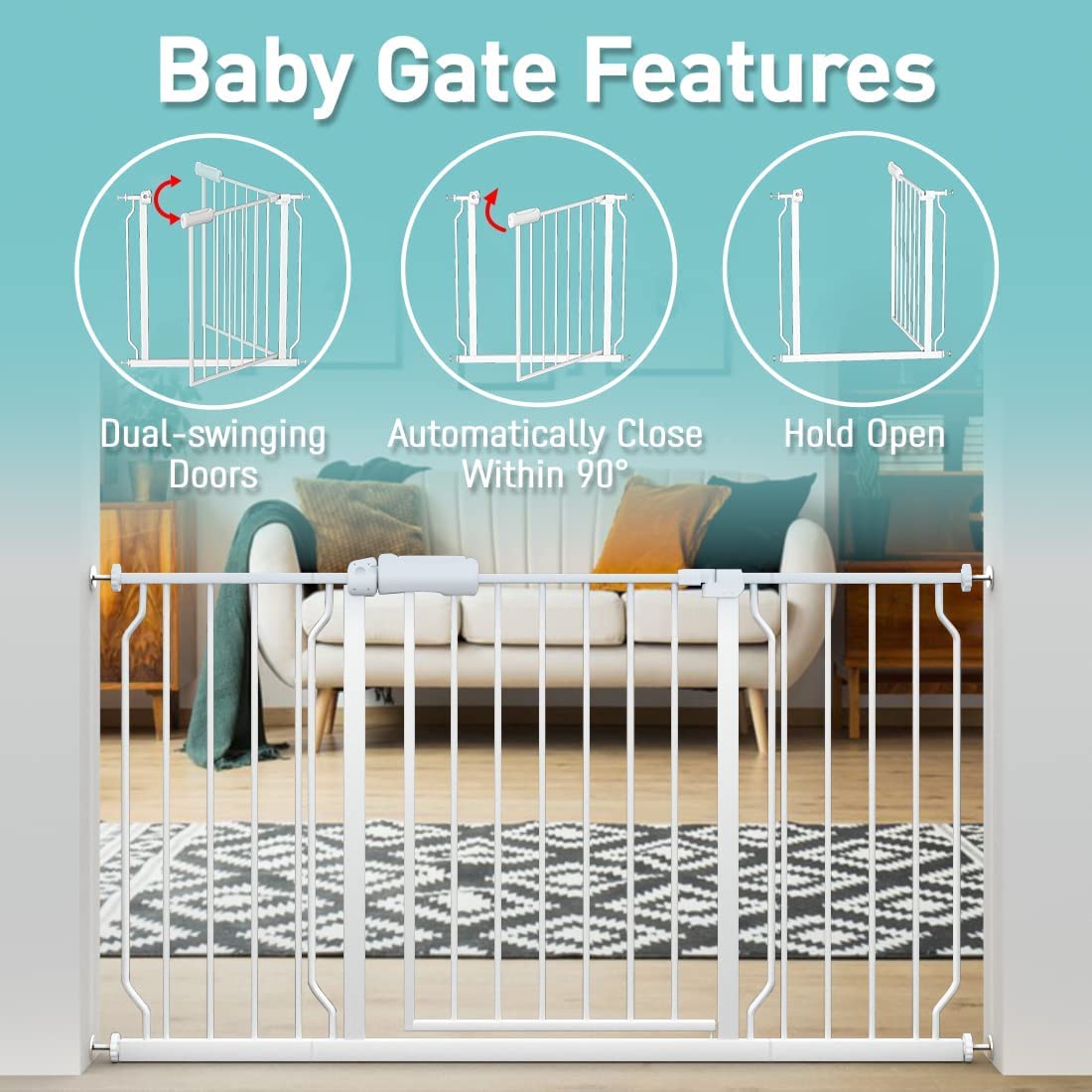 Alternative view of WAOWAO Baby Gate 76.38-81.07" Extra Wide Pressure Mounted Walk Through Swing Auto Close Safety White Metal Toddler Kids Child Dog Pet Puppy for Stairs,Doorways,Kitchen