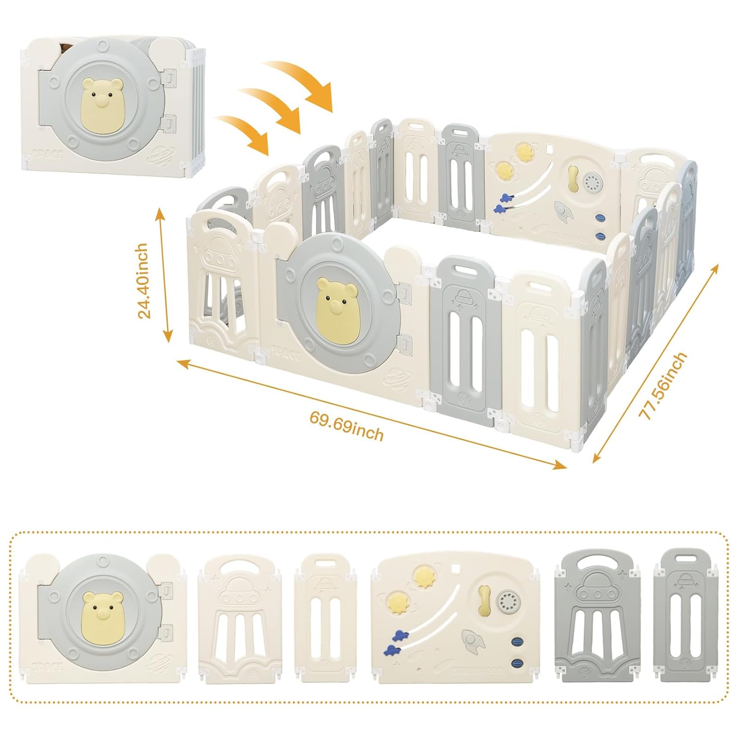 HAPPYMATY Baby Playpen with Lock Door,Adjustable Game Panel,Foldable Toddlers Play Yard, 18-Panel Safety Kids Fence for Indoor & Outdoor,Baby Gate Activity Centre, Gray White