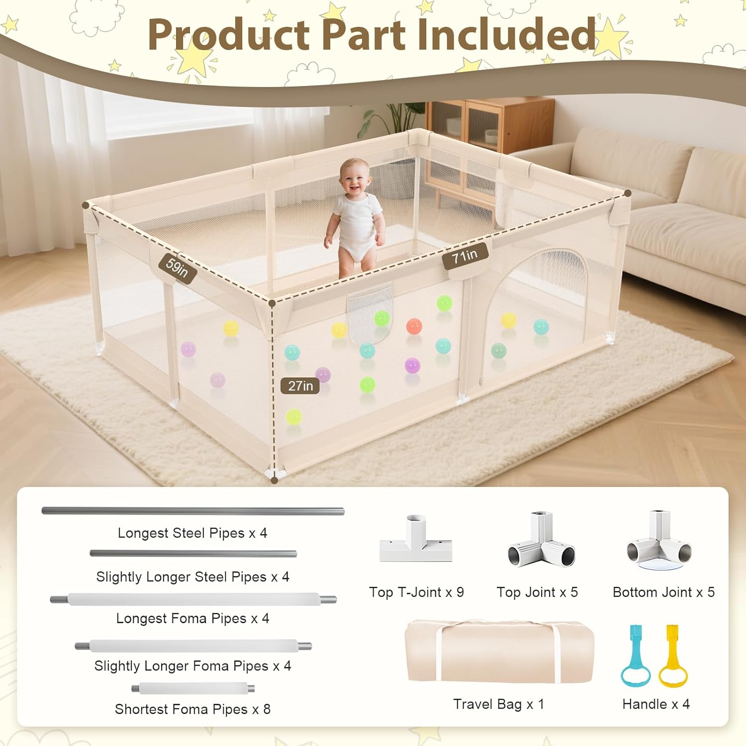 Abdtech Playpen for Babies and Toddlers 71x59inch - Extra Large Baby Gate Play Pen with Soft Breathable Mesh Cover - Indoor and Outdoor Baby Play Fence - Portable Playpen for Babies (Apricot)