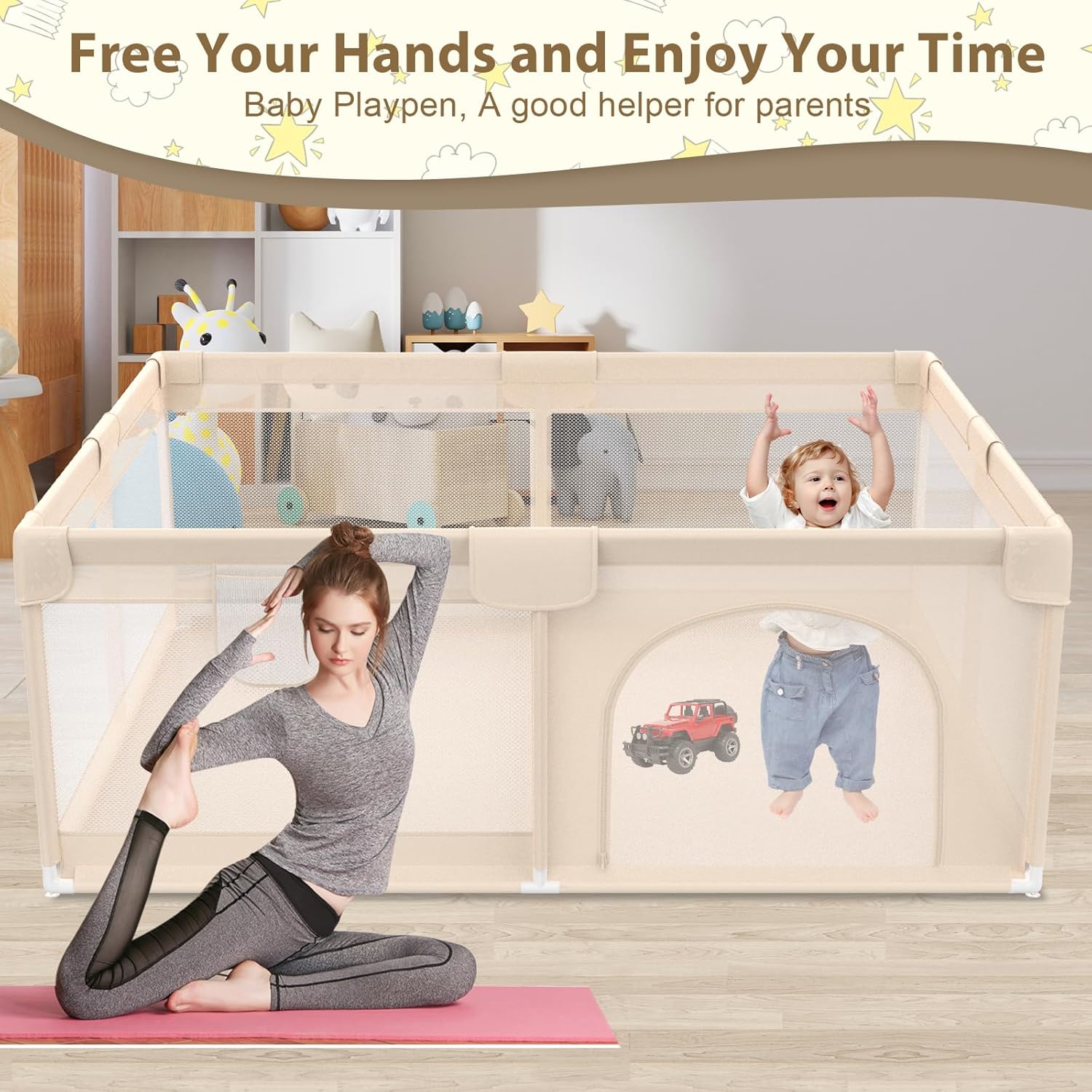 Alternative view of Abdtech Playpen for Babies and Toddlers 71x59inch - Extra Large Baby Gate Play Pen with Soft Breathable Mesh Cover - Indoor and Outdoor Baby Play Fence - Portable Playpen for Babies (Apricot)