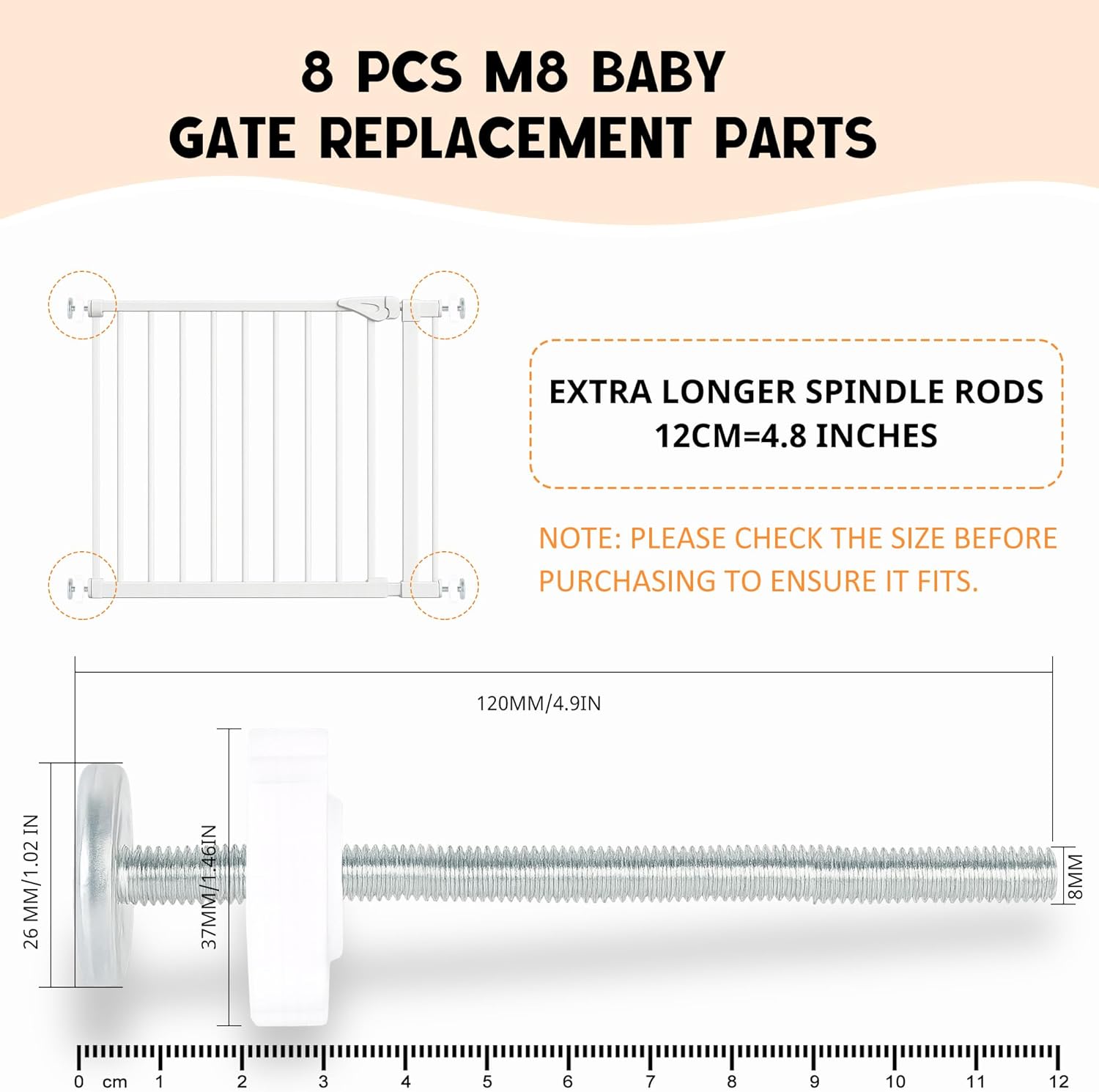 4 Pack Baby Gate Replacement Parts u2013 8MM White Threaded Spindle Rods for Pressure Mounted Baby & Pet Gates, Universal M8 Bolts Kit, 12CM Extra Long Extension Hardware