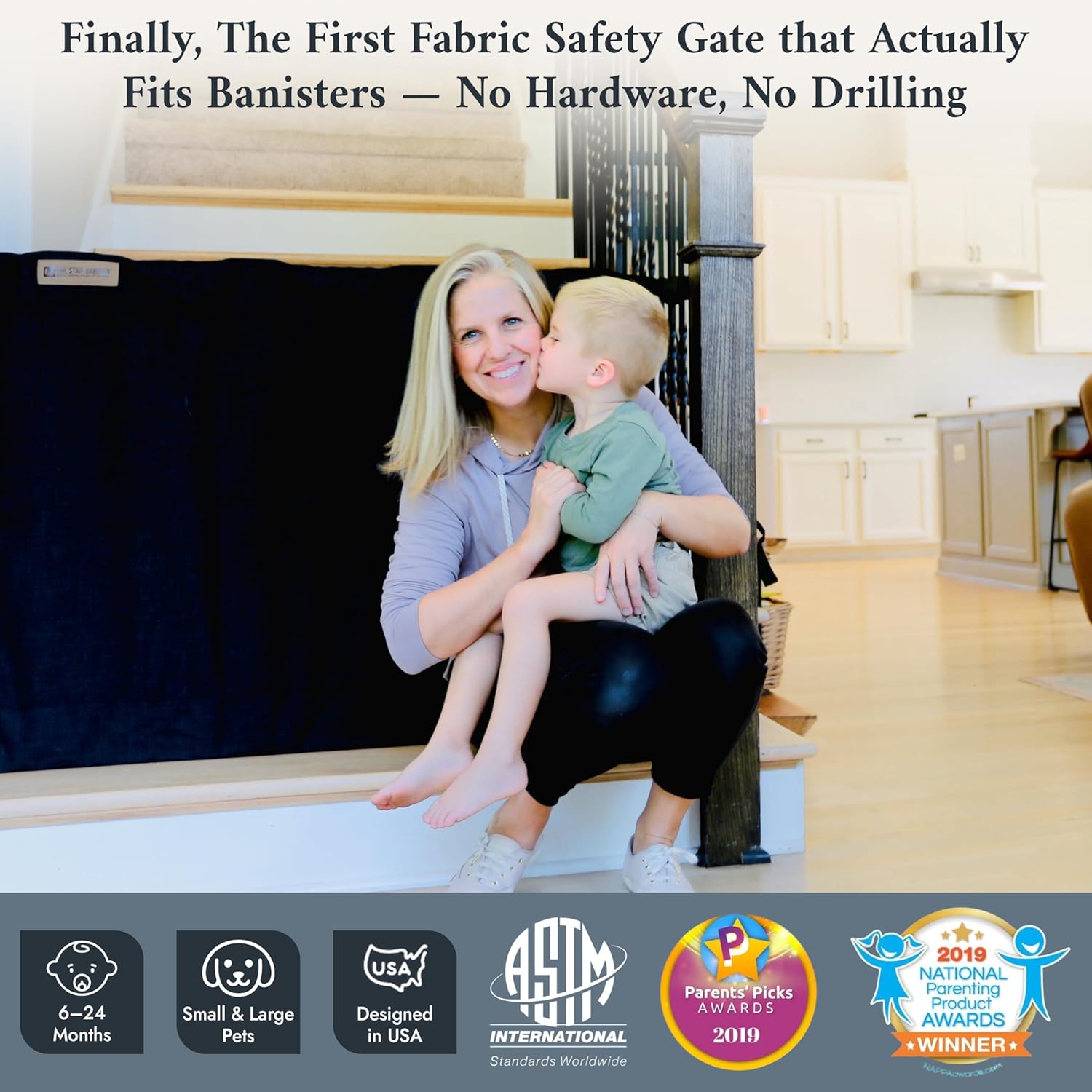 The Stair Barrier First Fabric Banister to Banister Baby Gates for Stairs 36u201Du201342u201D Wide x 32u201D Tallu2013 No Drill Baby Gate for Top or Bottom Staircase, Machine-Washable Climb Proof, Designed in USA, Black