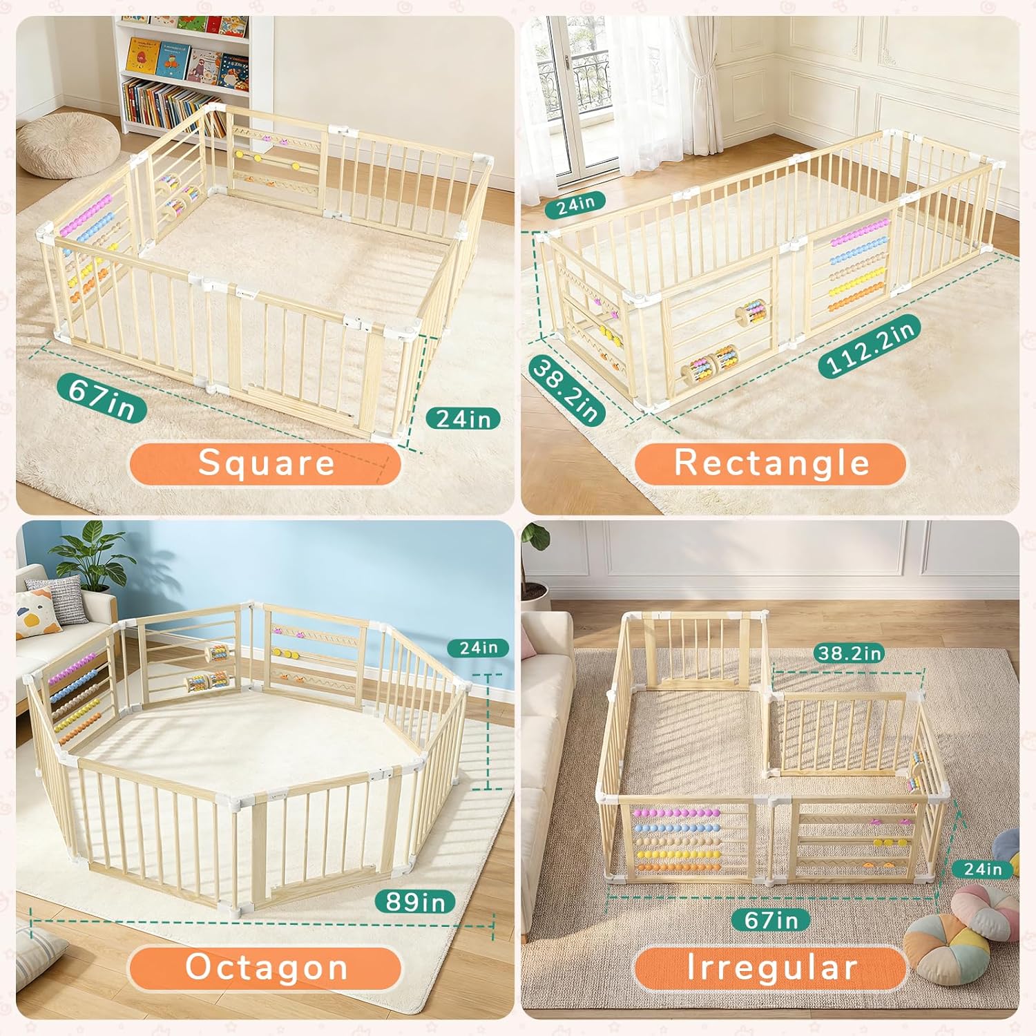 OMZER 67x67 Inch Wooden Baby Playpen - Foldable Baby Gate Play Pen for Babies and Toddlers - Indoor & Outdoor Portable Play Fence Area Enclosure - Adjustable Extra Large Play Yard for Kids, 8 Panels