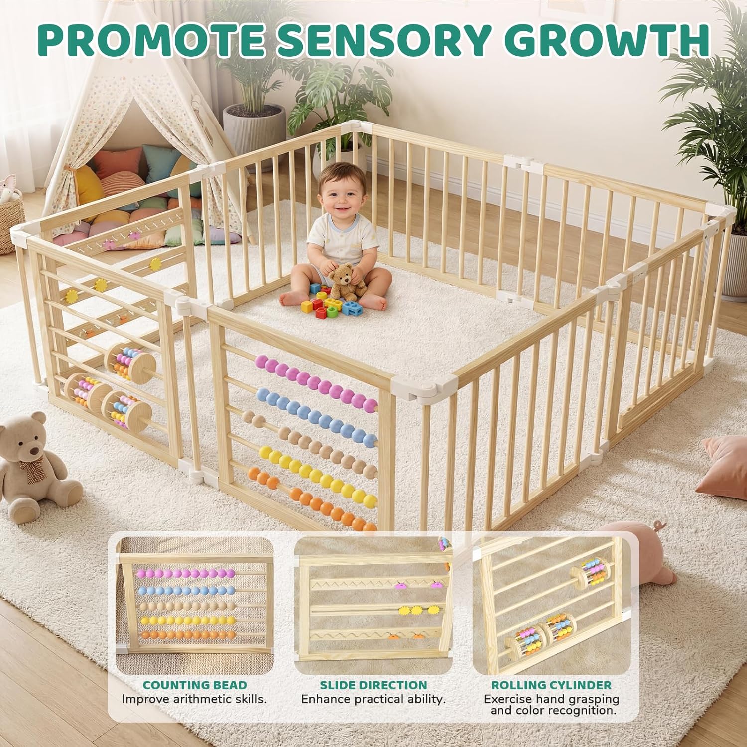 Alternative view of OMZER 67x67 Inch Wooden Baby Playpen - Foldable Baby Gate Play Pen for Babies and Toddlers - Indoor & Outdoor Portable Play Fence Area Enclosure - Adjustable Extra Large Play Yard for Kids, 8 Panels