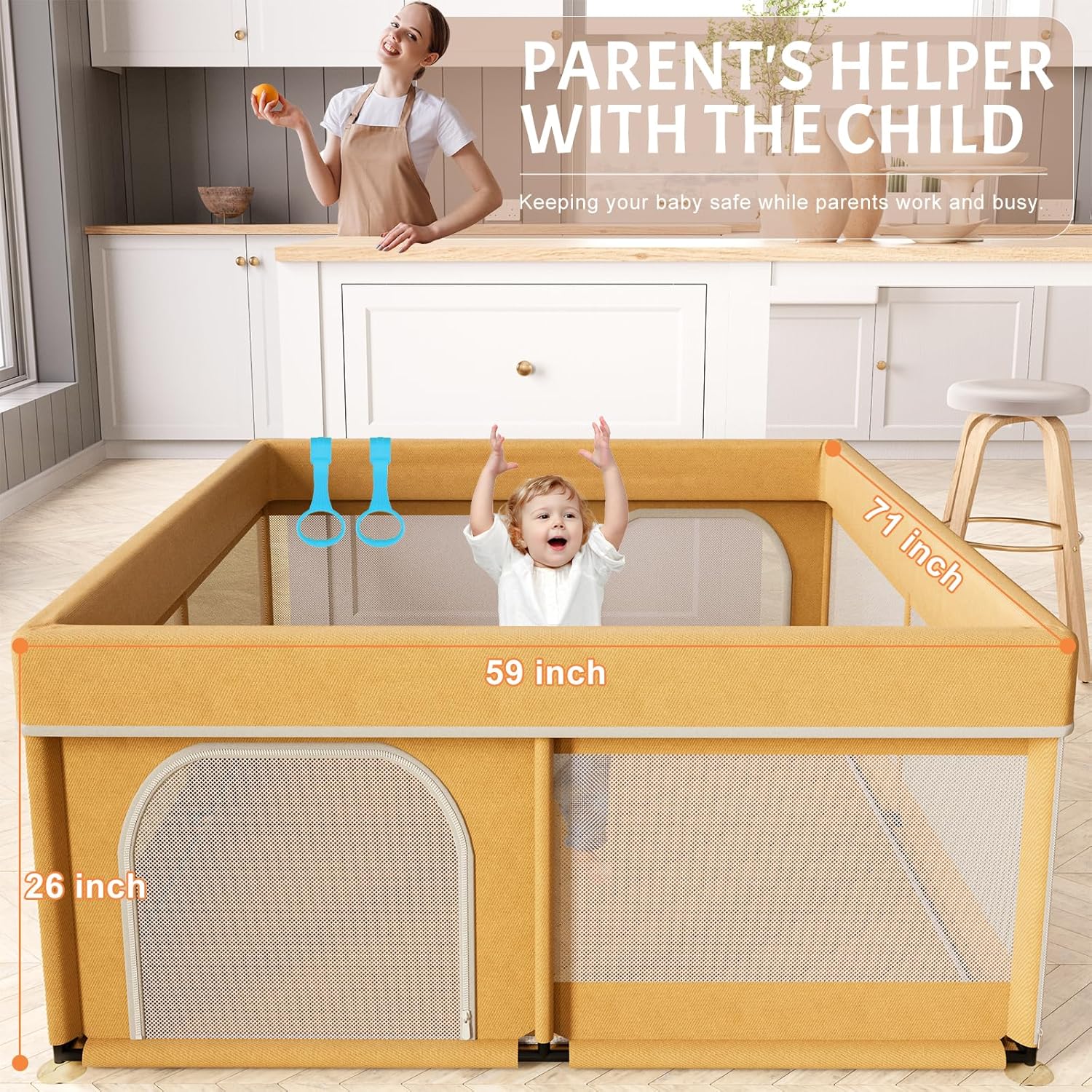Omzer Baby Playpen with Mat 71"×59" - Extra Large Playpen for Babies and Toddlers with Mat Included, Safety Playard for Baby with Gate, All-Wrapped Soft Sponge Baby Gate Playpen with Stable Mat Velcro